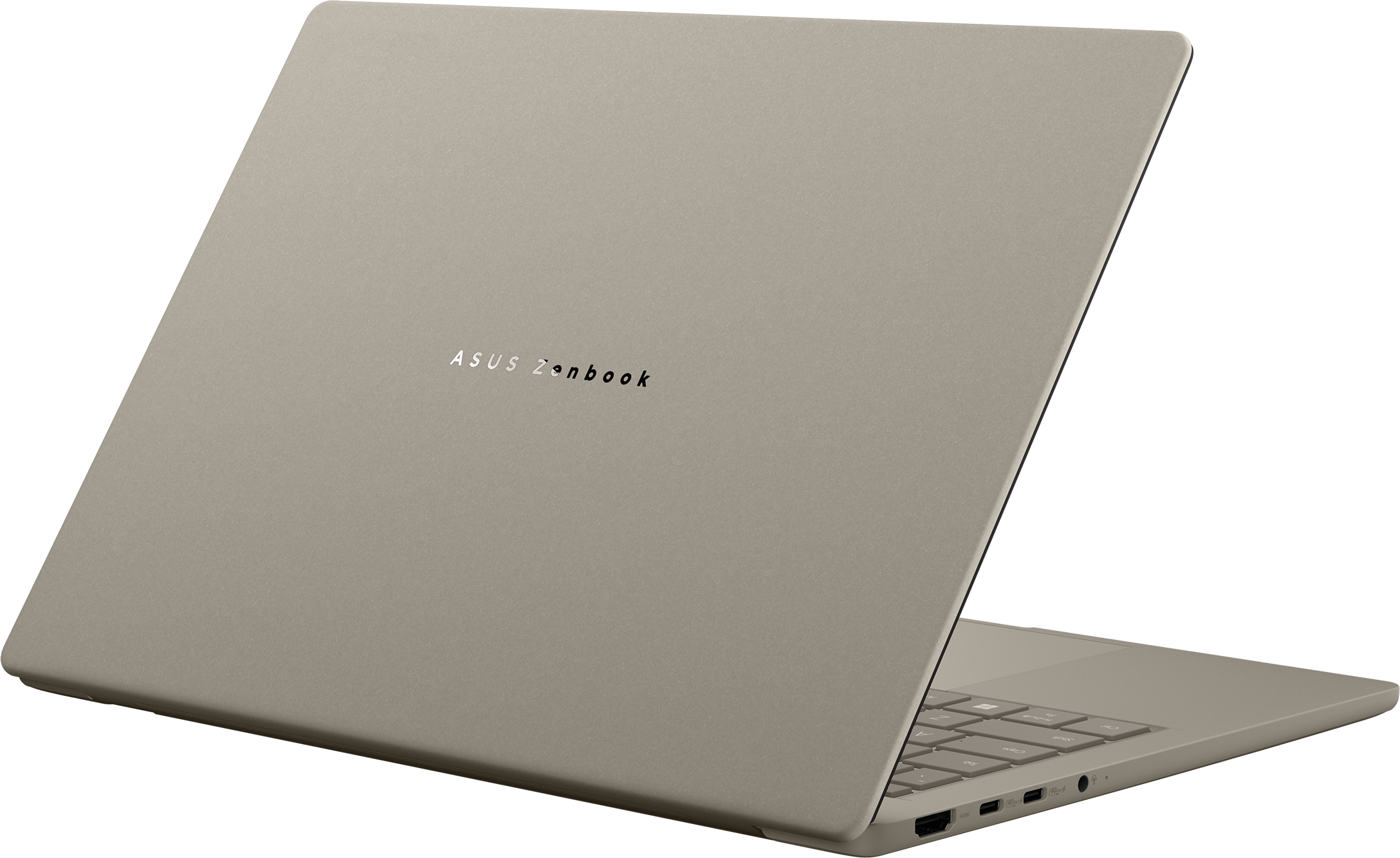 Ein beiger ASUS Zenbook Laptop ist teilweise geöffnet. Die Rückseite mit dem Markennamen ist sichtbar. Die Tastatur ist sichtbar.