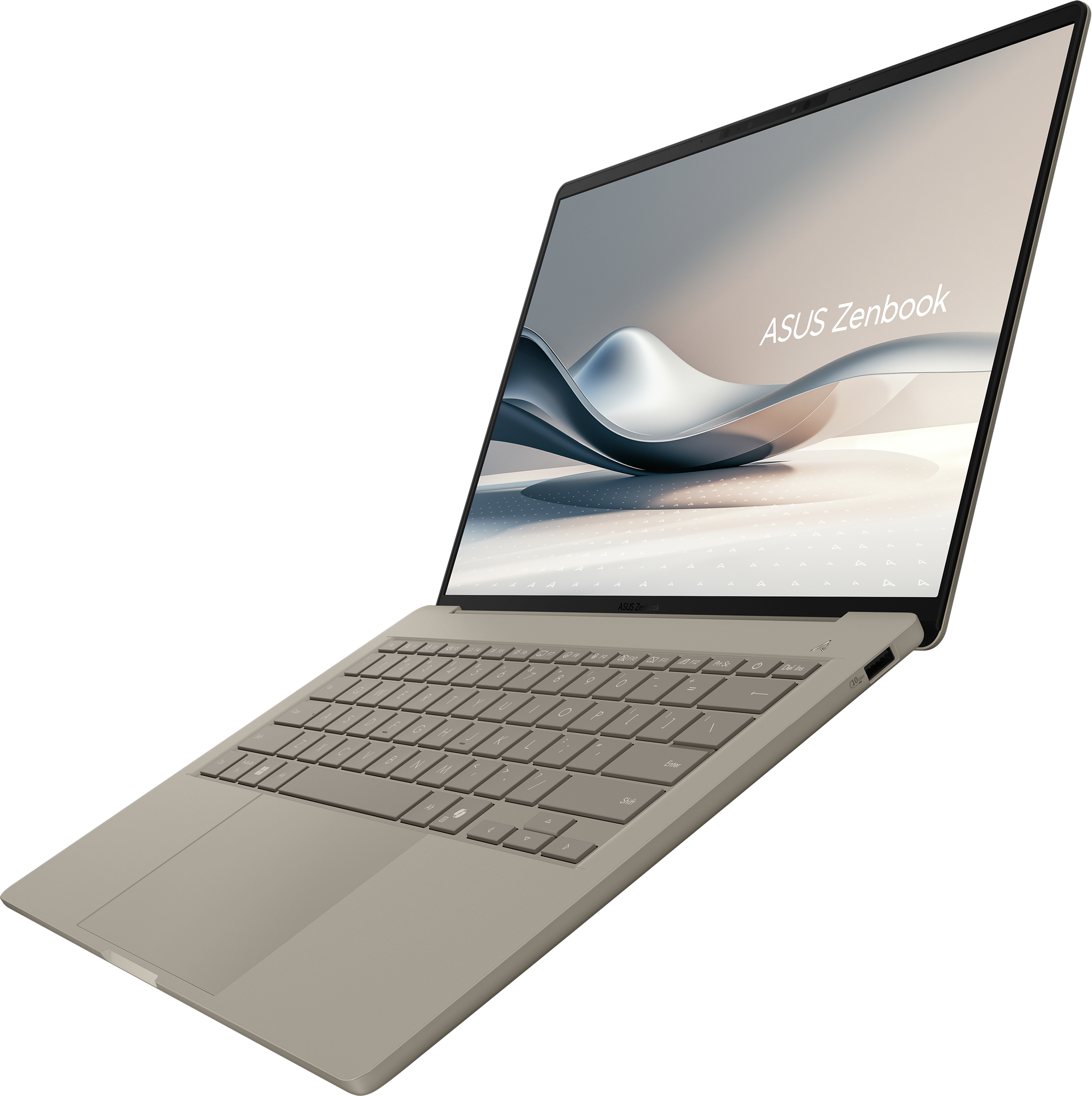 Offener Laptop, beige. Tastatur, Touchpad sichtbar. Bildschirm zeigt ASUS Zenbook Logo.