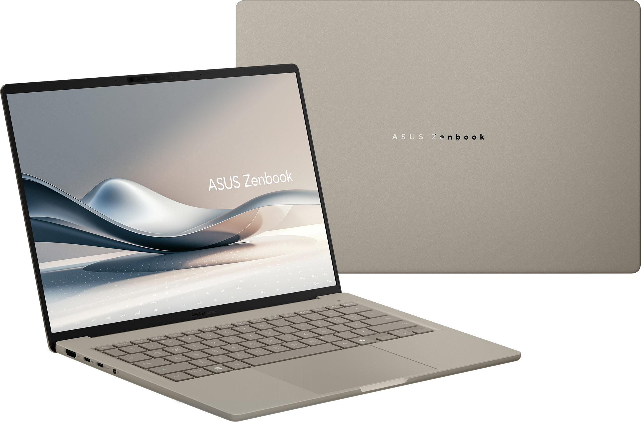 Ein beiges ASUS Zenbook-Laptop wird geöffnet und geschlossen angezeigt, mit Tastatur und Bildschirm. Der Hintergrund ist weiß.