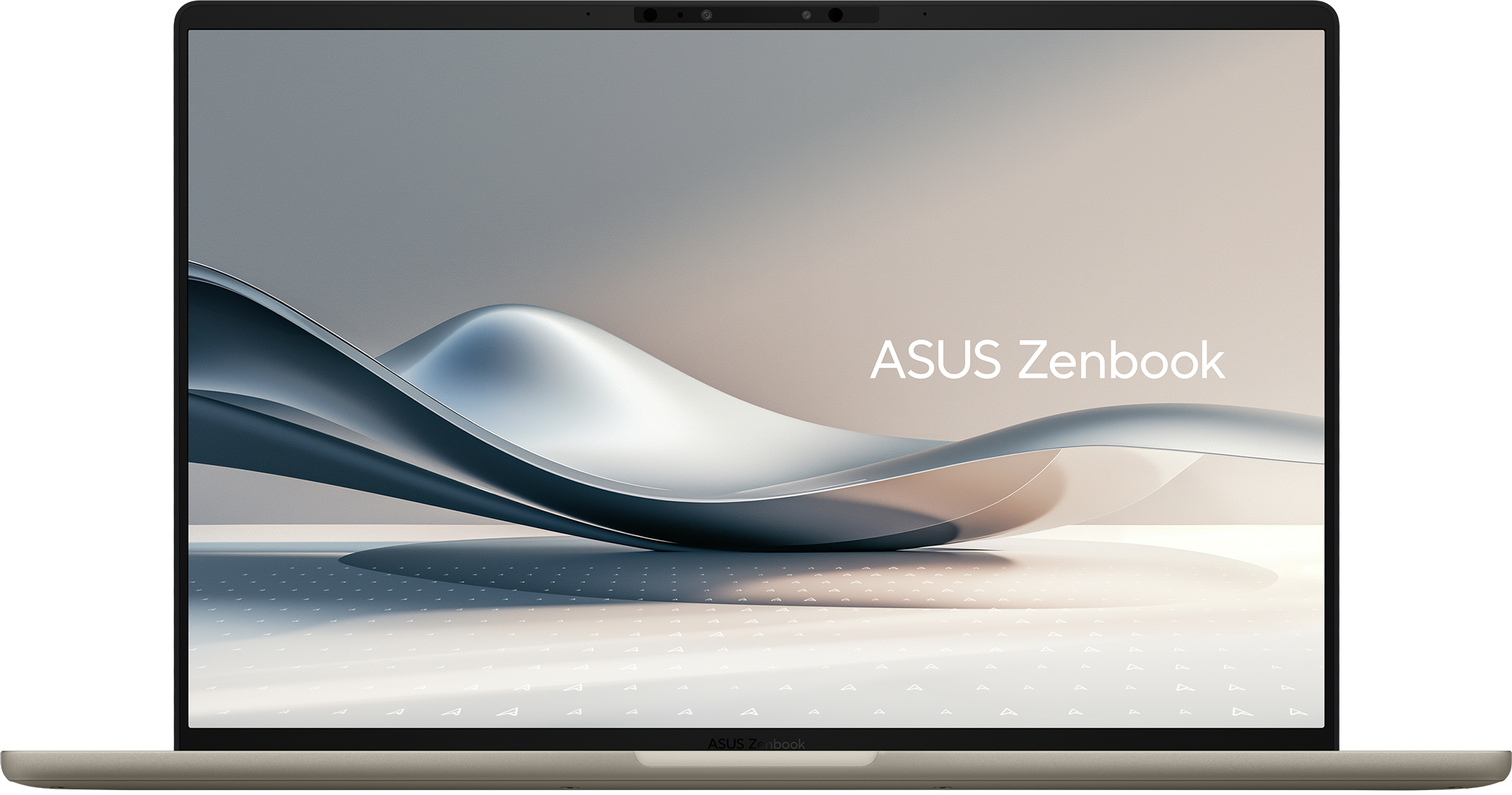 ASUS Zenbook Laptop. Der Bildschirm zeigt abstrakte silberne Wellen auf hellem Hintergrund. Der Laptop ist geöffnet, mit beigem Rahmen.