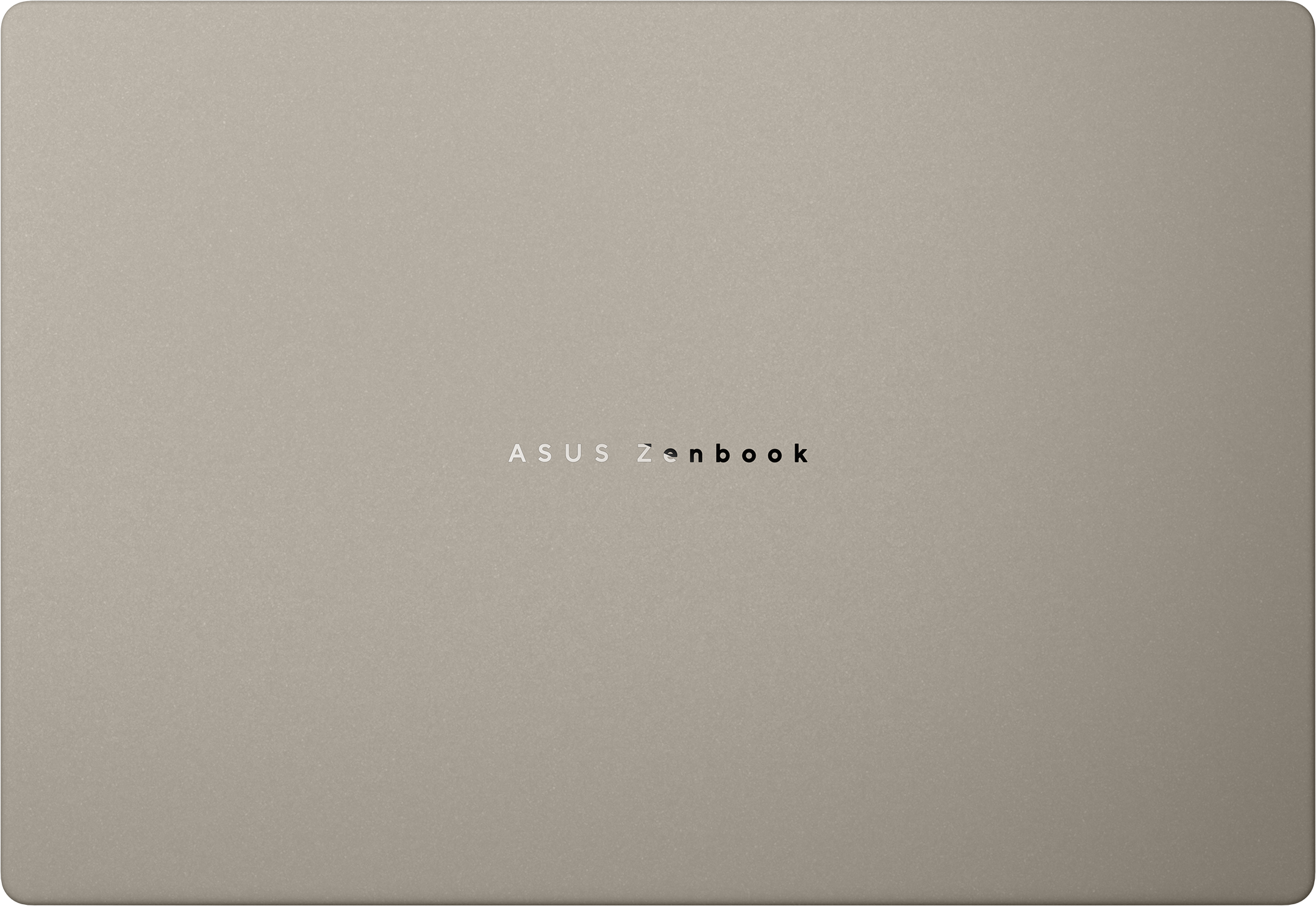 Draufsicht auf einen geschlossenen Laptop. Er hat eine hellbraune Farbe und ASUS Zenbook steht oben.
