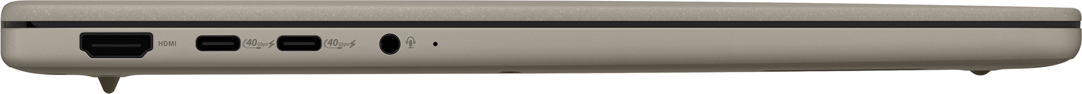Seitenansicht eines Laptops mit Anschlüssen: HDMI, zwei USB-C, Audioanschluss und eine Betriebsanzeige. Der Laptop ist beige.