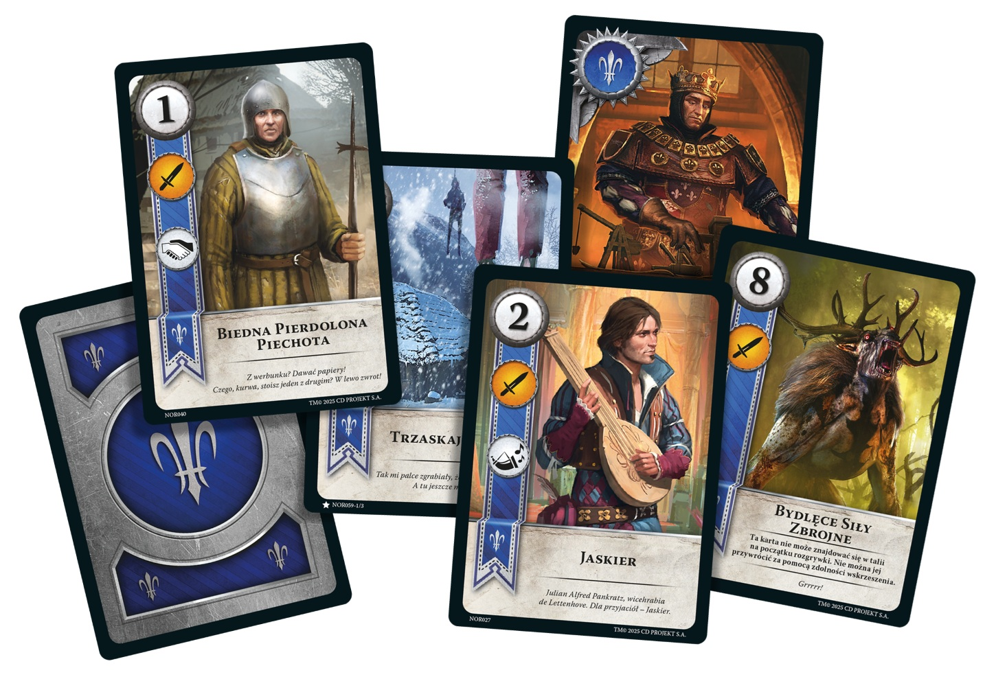 Karty z ilustracjami i tekstem. Zawierają żołnierza, barda z lutnią, króla, potwora i rewers karty z symbolem.