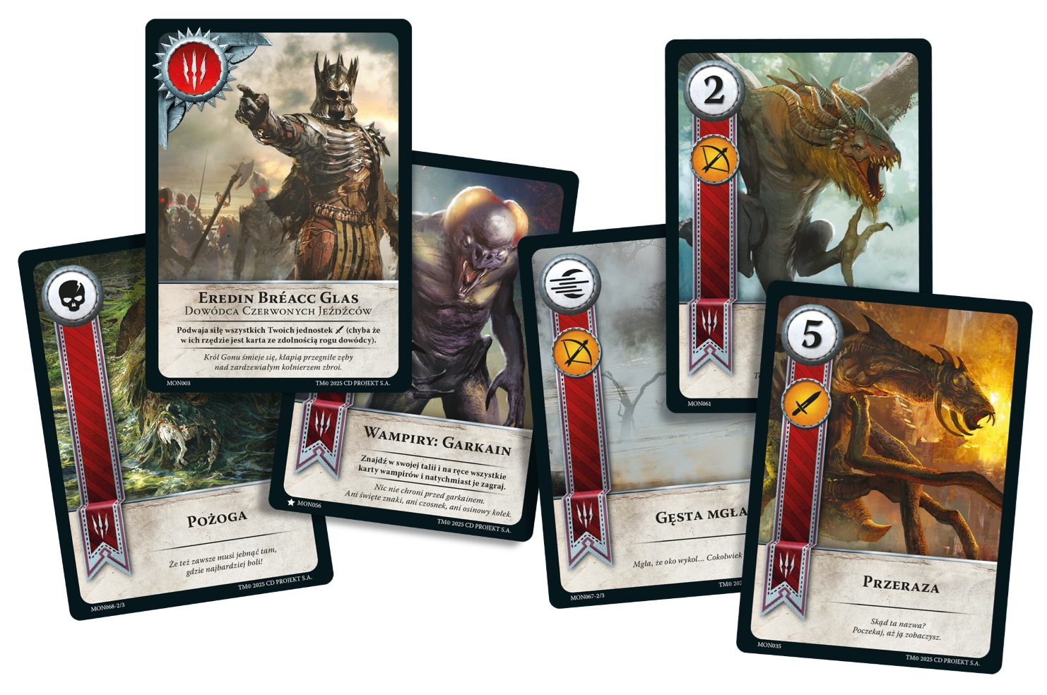 Karty z gry z fantastycznymi stworzeniami i postaciami. Jedna karta przedstawia króla, inne potwory i symbole.