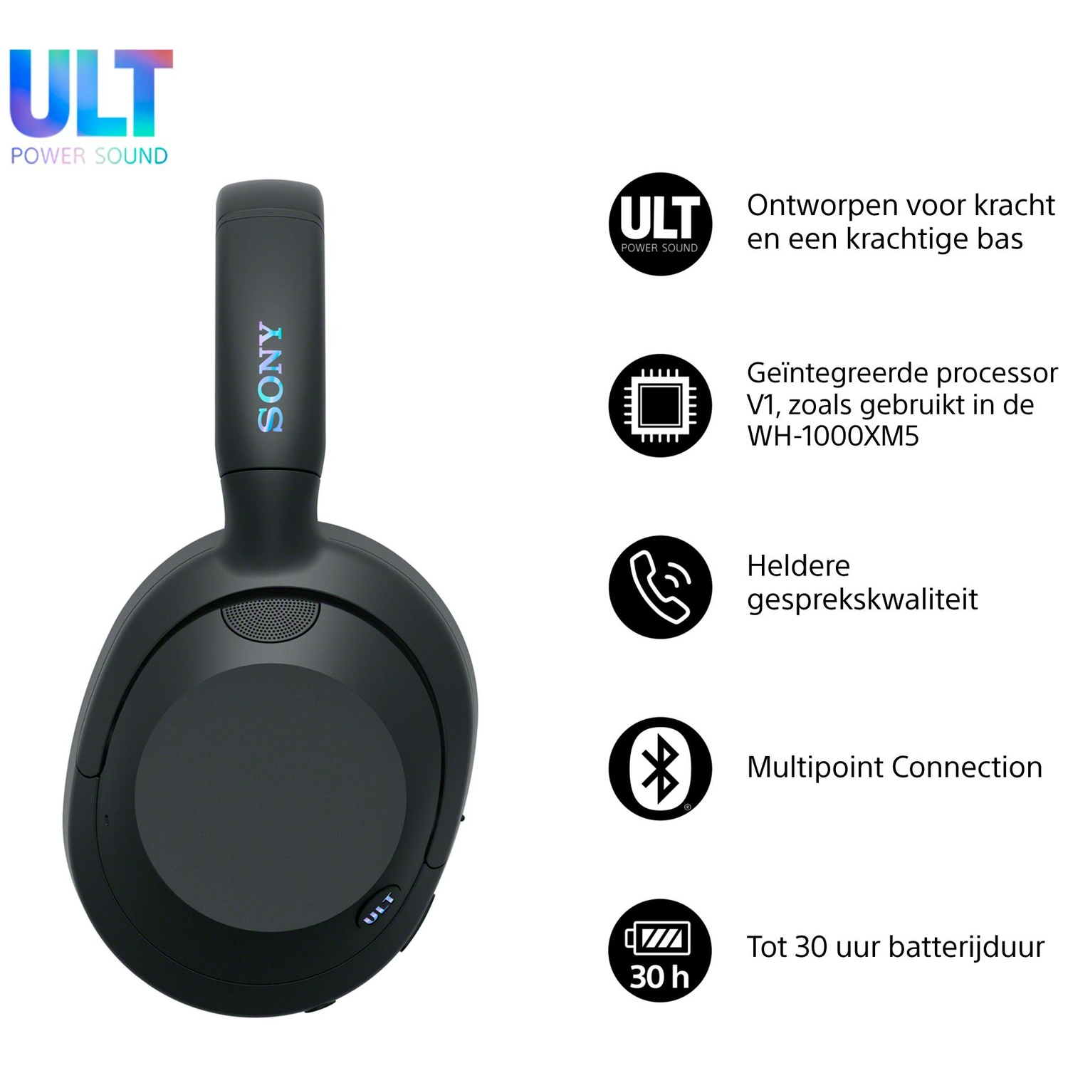 Zwarte Sony-hoofdtelefoon met 'ULT Power Sound'-logo. Kenmerken: heldere gesprekskwaliteit, multi-point verbinding en 30 uur batterij.