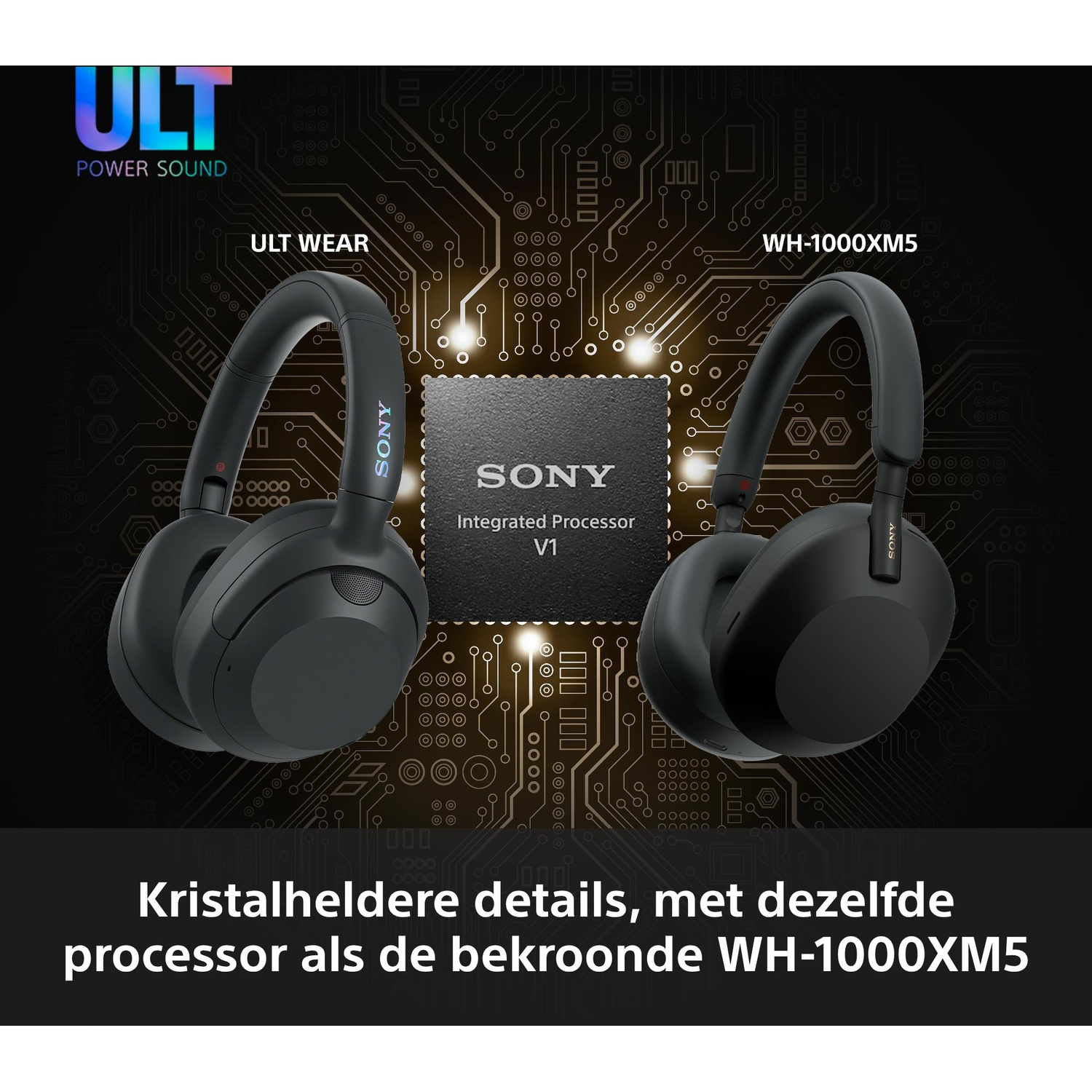 Afbeelding toont twee zwarte Sony hoofdtelefoons en een processor. Tekst: "Kristalheldere details, met dezelfde processor als de bekroonde WH-1000XM5".