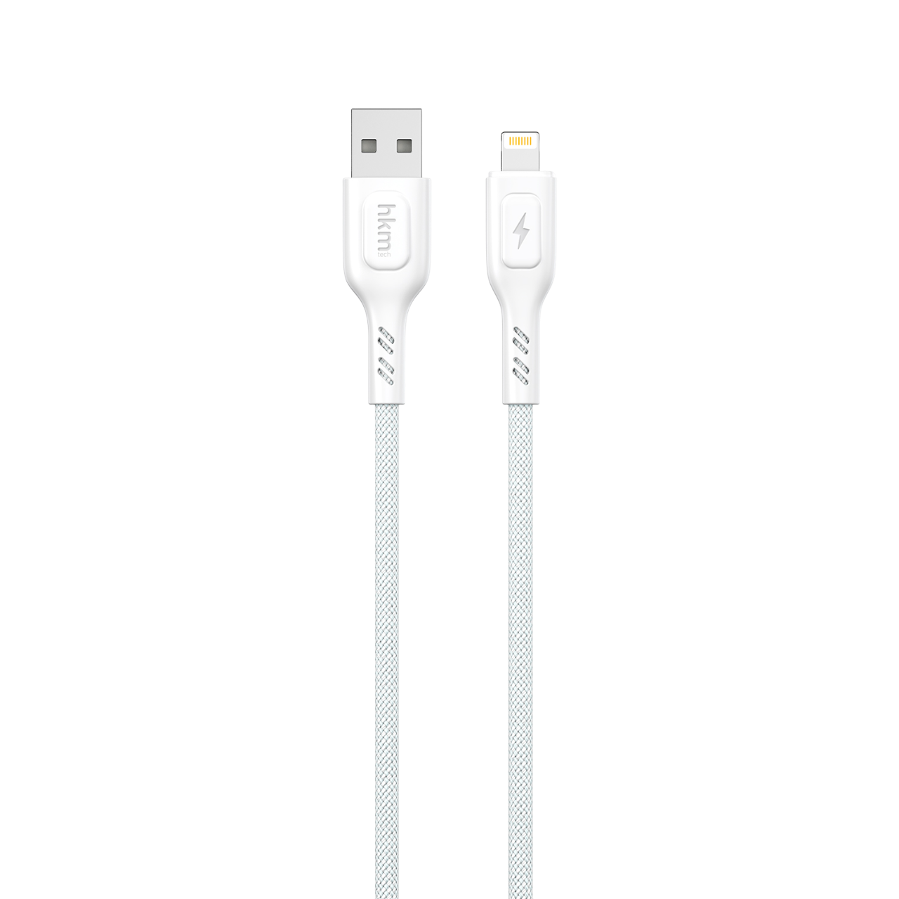 USB ve Lightning konnektörlü beyaz şarj kablosu. Lightning konnektöründe şimşek simgesi var. Kablo siyah bir arka plan üzerinde.