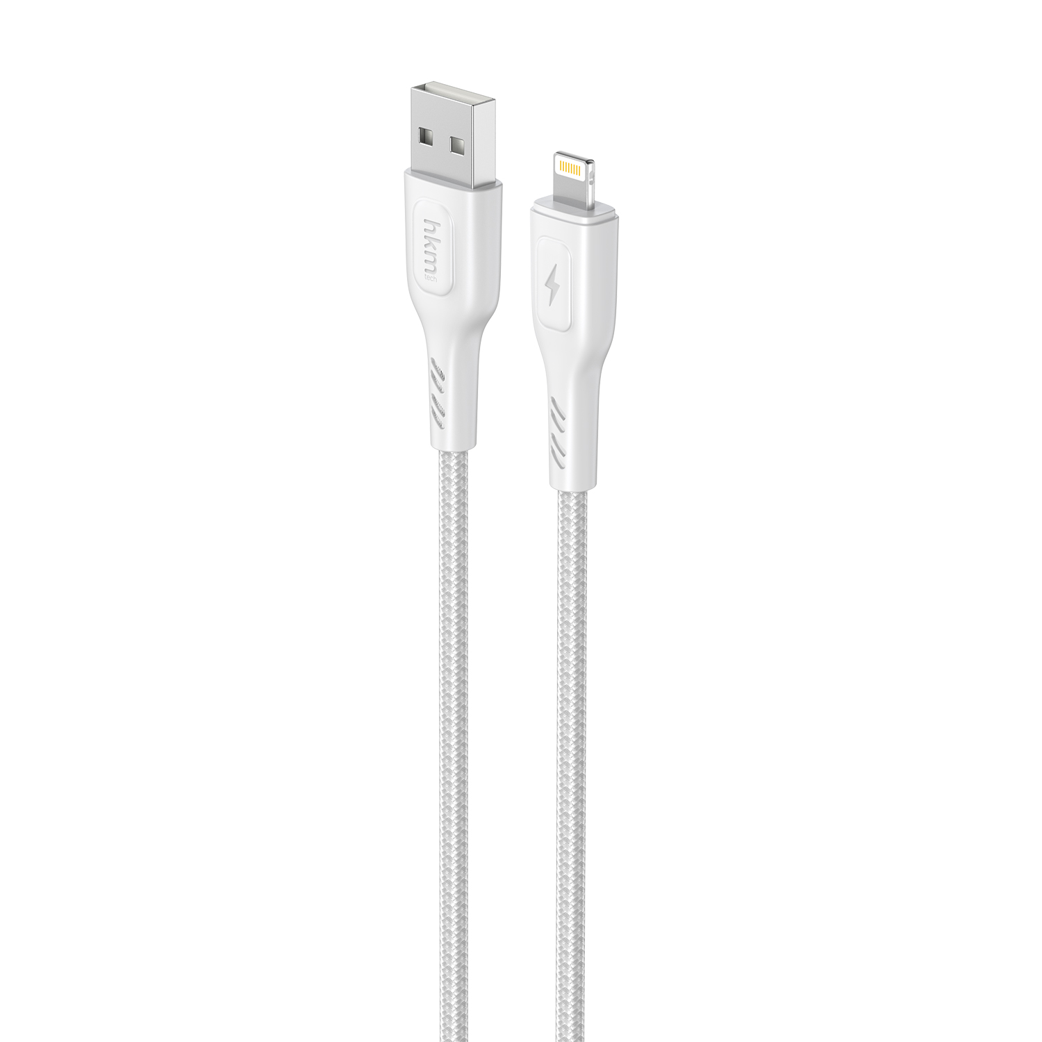 Beyaz bir USB - Lightning kablosu. USB ucu dikdörtgen ve Lightning ucunda bir yıldırım sembolü var.