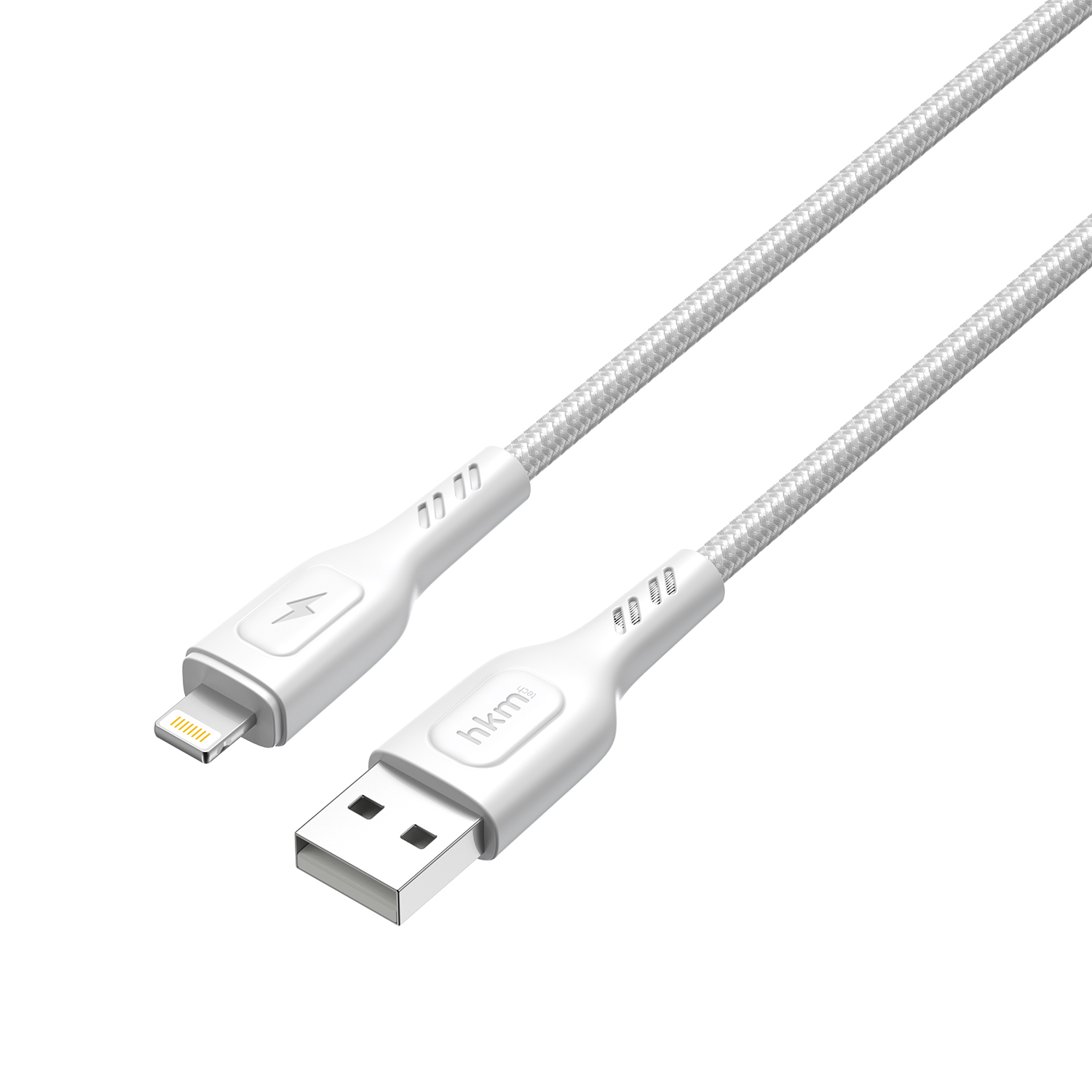 Bir ucu yıldırım konektörlü, diğer ucu USB-A olan beyaz bir USB şarj kablosu. Örgülü gümüş bir kabloya sahip.