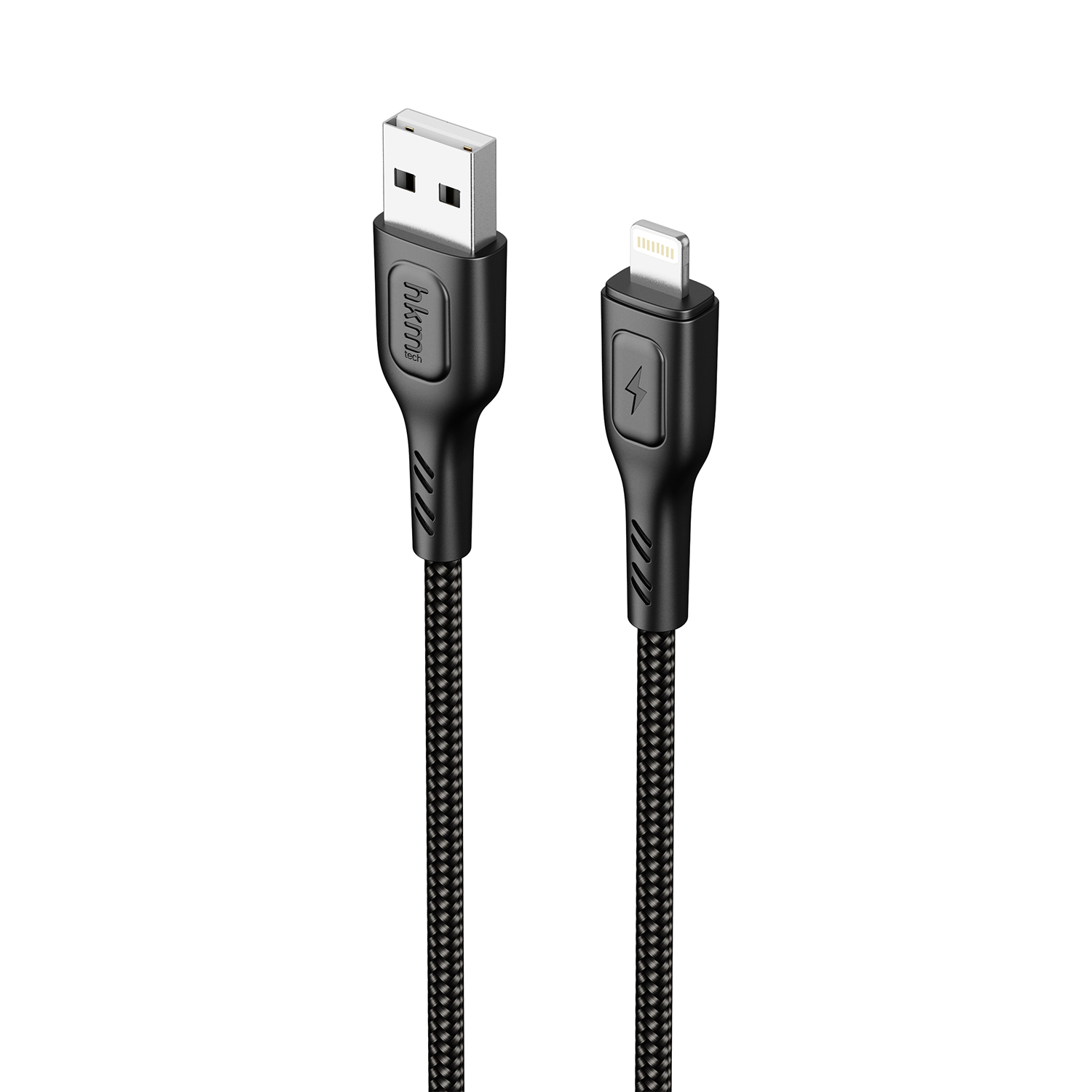 Siyah ve gümüş renkli bir USB şarj kablosu. Bir ucunda USB konektörü, diğer ucunda Lightning konektörü bulunur.