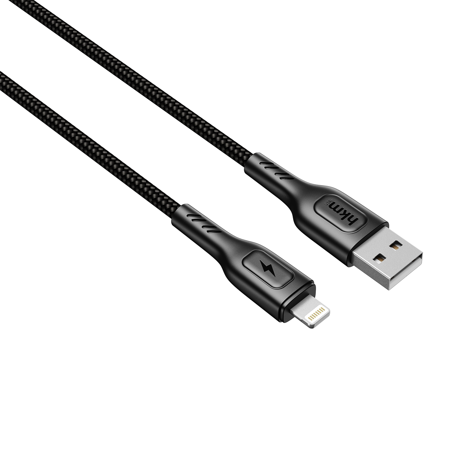 Beyaz zemin üzerinde siyah örgülü USB - Lightning kablosu. USB-A konnektörü ve Lightning konnektörü bulunur. Marka adı görünür.