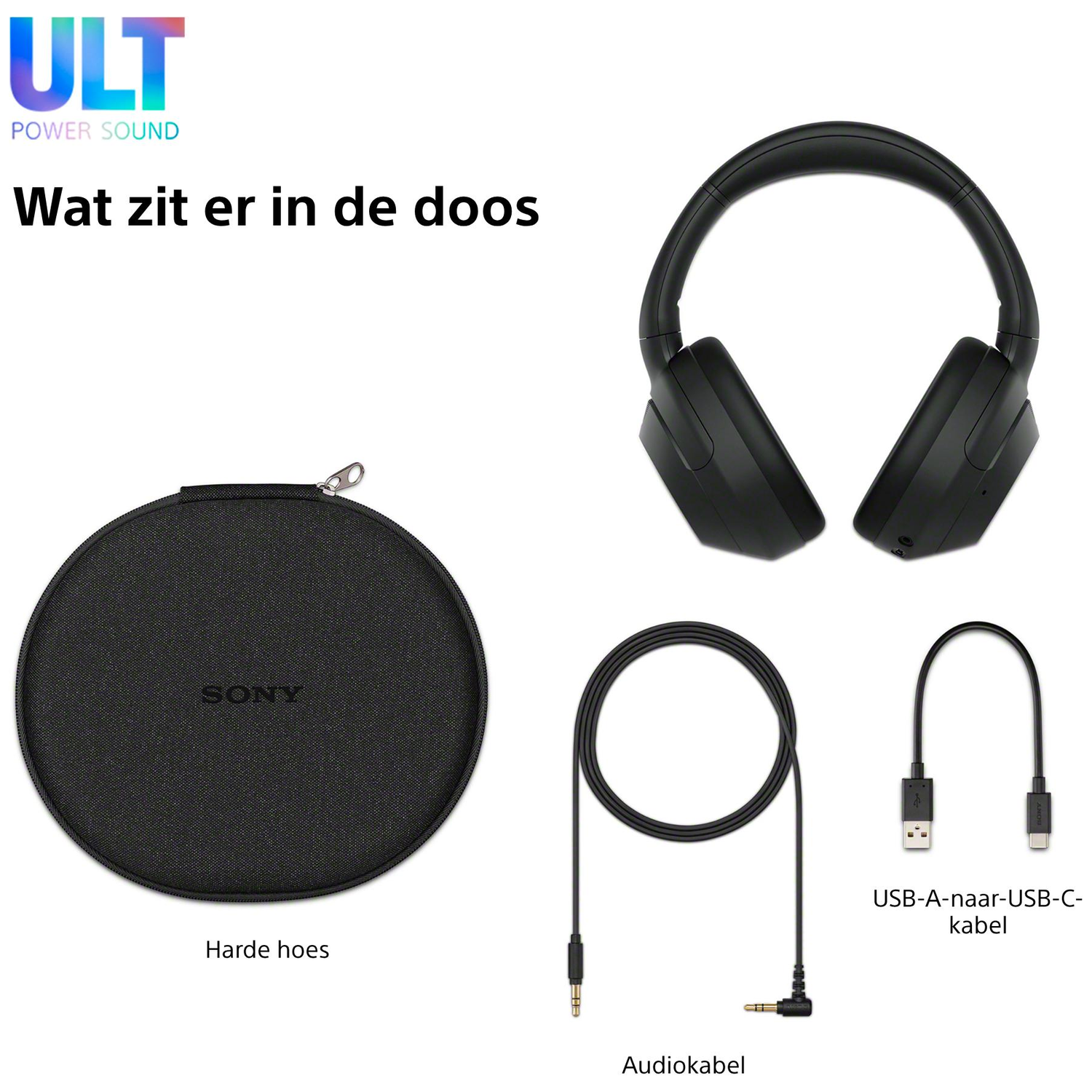De afbeelding toont een koptelefoon, een hoes, een audiokabel en een USB-A naar USB-C kabel. Tekst zegt 'Wat zit er in de doos?' en 'SONY'.