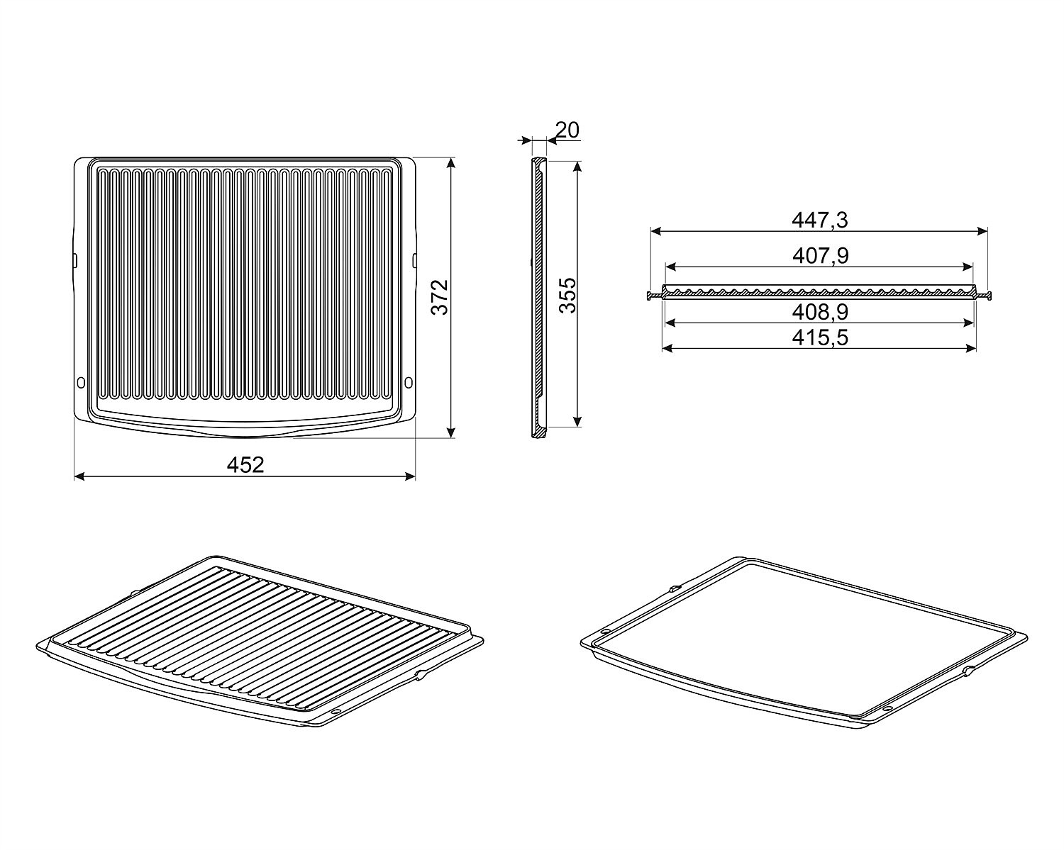 Technische Zeichnung eines Grills mit Maßangaben in Millimetern. Enthält Draufsicht, Seitenansicht und zwei isometrische Projektionen.