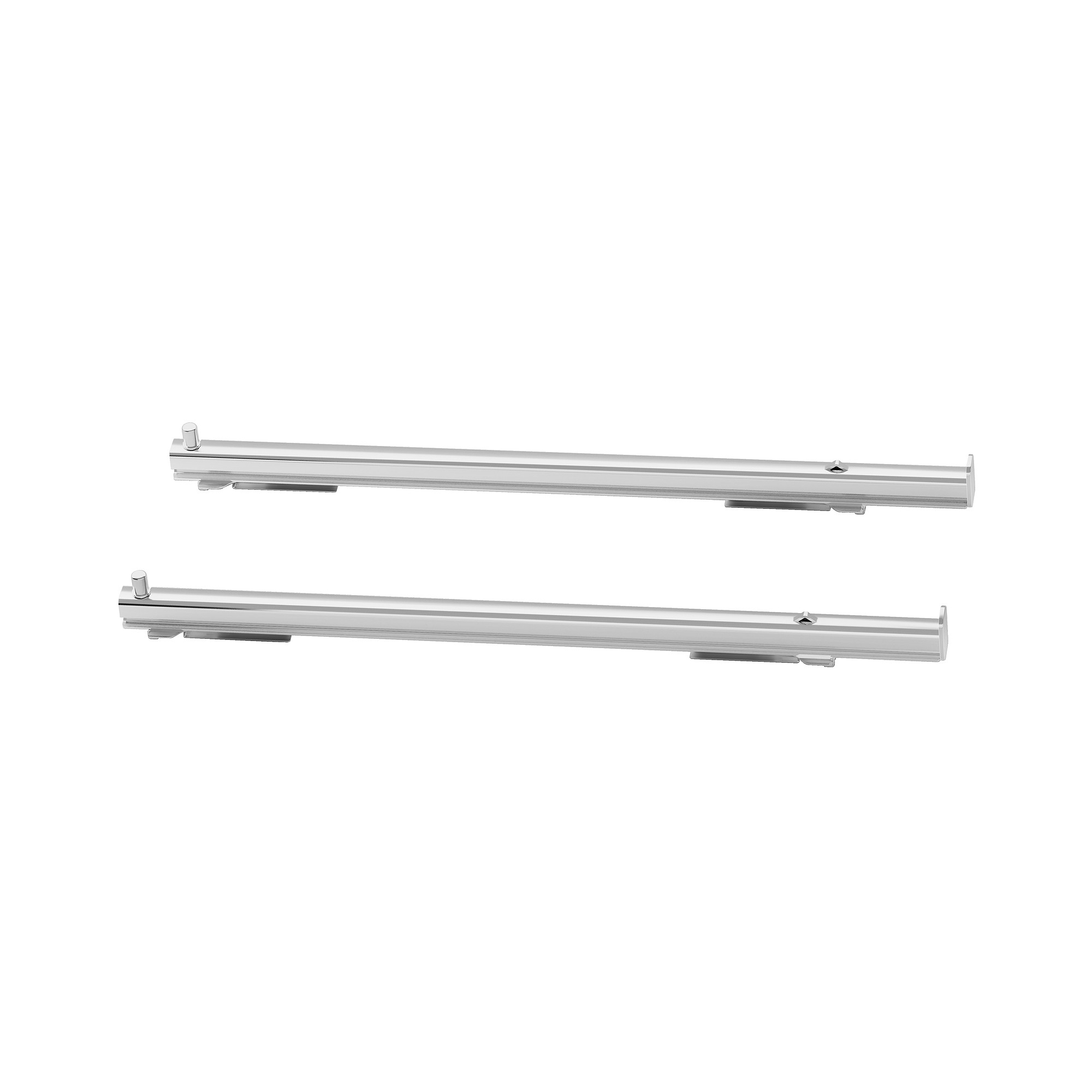 Zwei parallele Metallstangen mit Halterungen und zylindrischen Enden vor weißem Hintergrund.