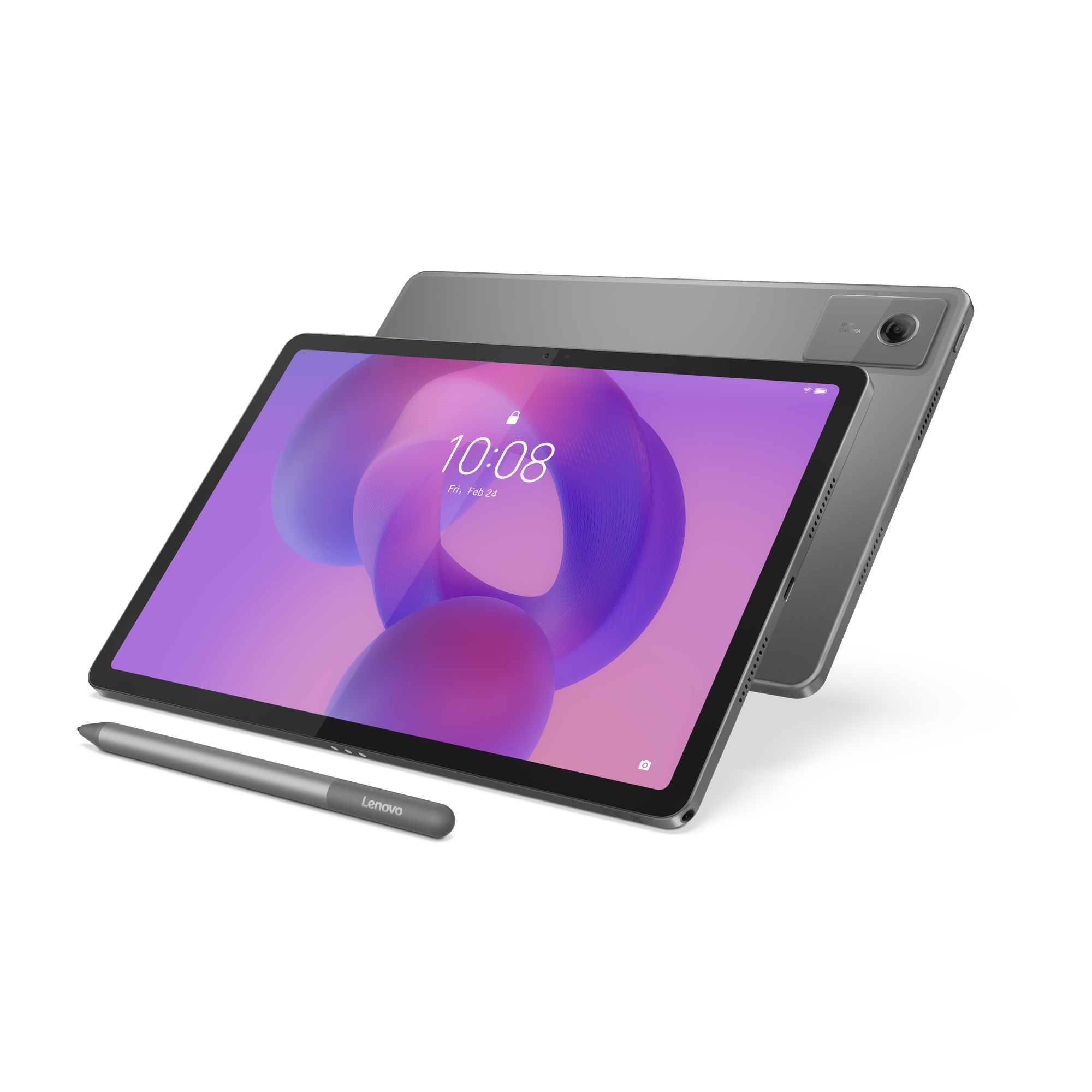 Siyah zemin üzerinde gri bir Lenovo tablet ve kalem. Ekranda saat gösteriliyor ve mor bir tasarıma sahip.