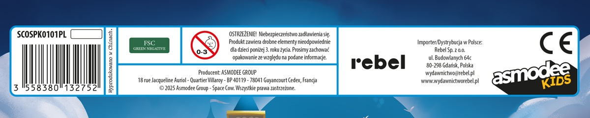 Etykieta z kodem kreskowym, ostrzeżeniami i informacjami o producencie/importerze na tle błękitnego nieba.