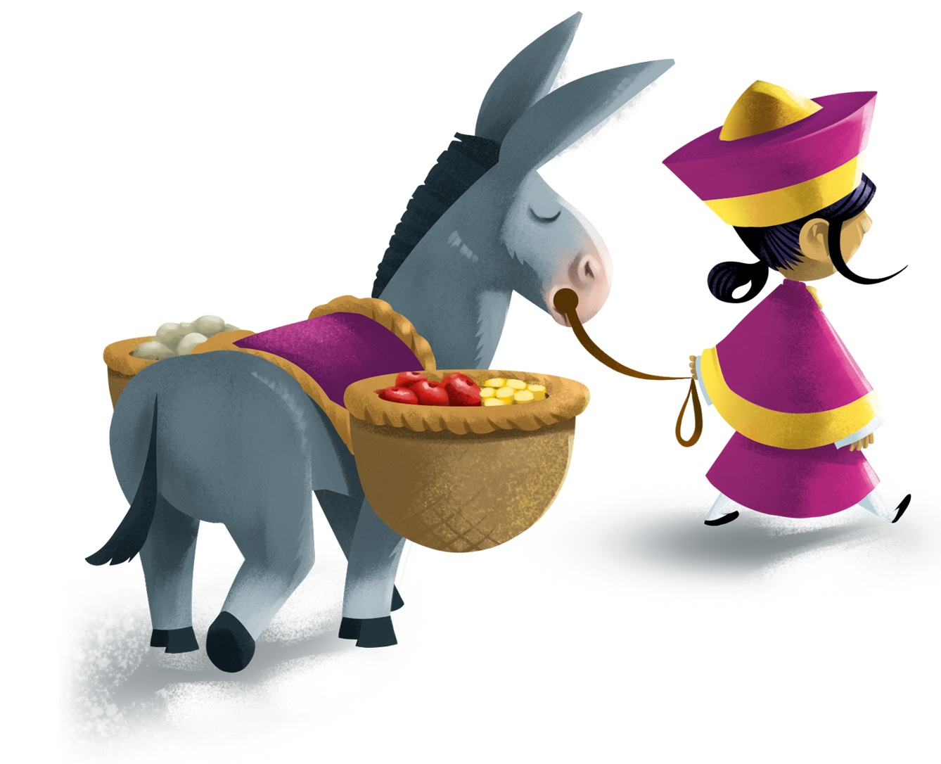 Osoba prowadzi osła niosącego kosze z produktami. Osioł jest szary. Osoba ma na sobie różowy strój.