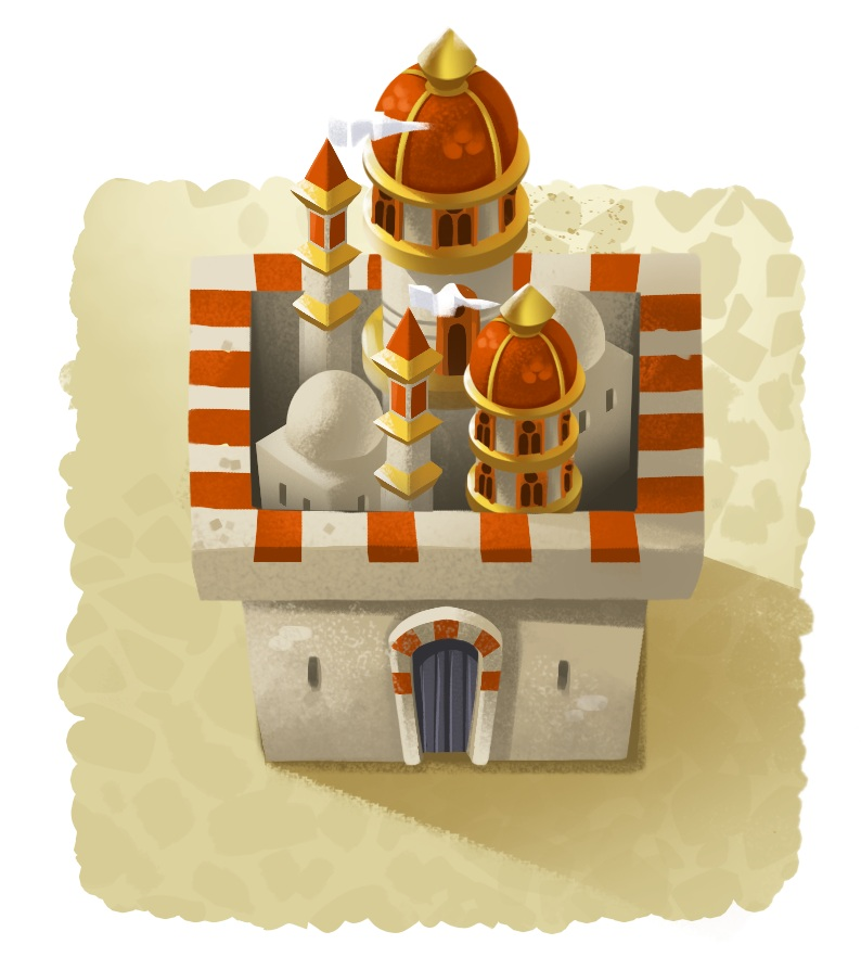 Ilustracja fortecy z czerwonymi kopułami, paskowanymi ścianami i małymi niebieskimi drzwiami. Stoi na piaskowej ziemi.