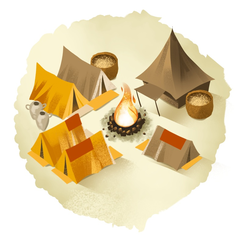 Ilustracja kempingu z kilkoma namiotami, ogniskiem i koszami. Namioty są brązowe i żółte. Ognisko jest na środku.