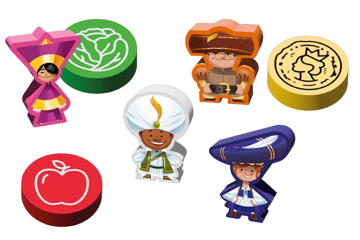 Kolorowe elementy gry: figurki w kapeluszach i monety oraz żetony z jabłkiem, kapustą i królową. Wszystko na białym tle.