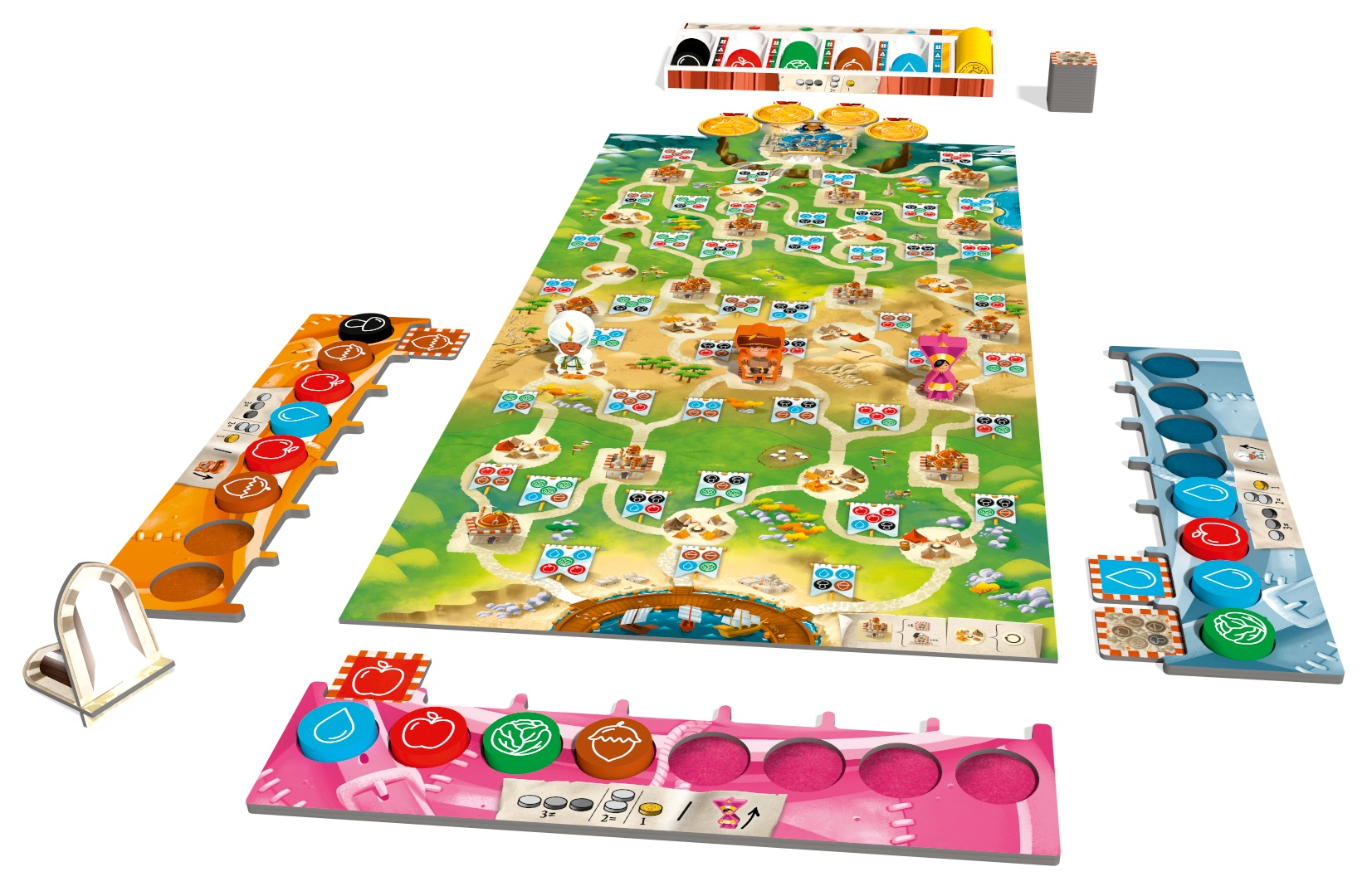 Gra planszowa z kolorowymi komponentami. Plansza z drogą, żetonami i pionkami. Widoczne są różne znaczniki zasobów i tace.