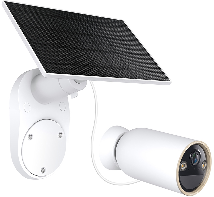 Weiße Überwachungskamera mit Solarpanel. Die Kamera hat ein Objektiv und ist an einer weißen Oberfläche befestigt.