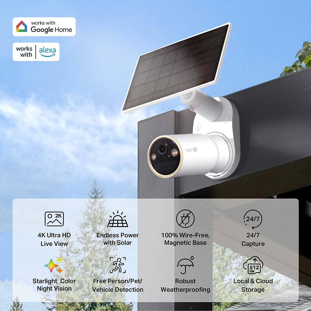 Weiße Überwachungskamera mit Solarpanel. Funktionen: 4K, kabellos, 24/7-Aufnahme und Nachtsicht. Google Home und Alexa kompatibel.