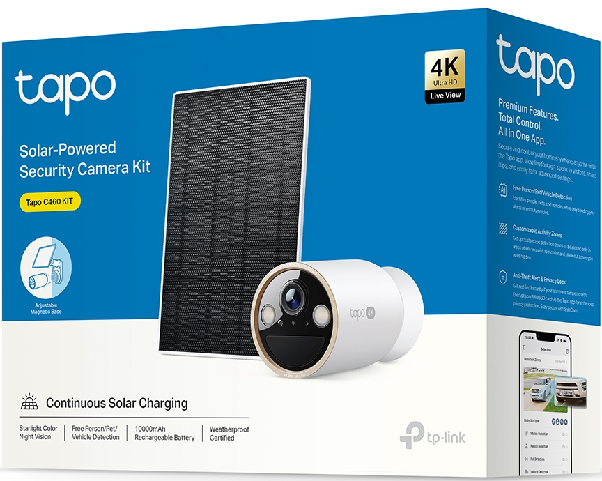 Tapo-Sicherheitskamera-Kit-Box mit Kamera, Solarpanel. Zu den Merkmalen gehören 4K, Nachtsicht und kontinuierliches Laden.