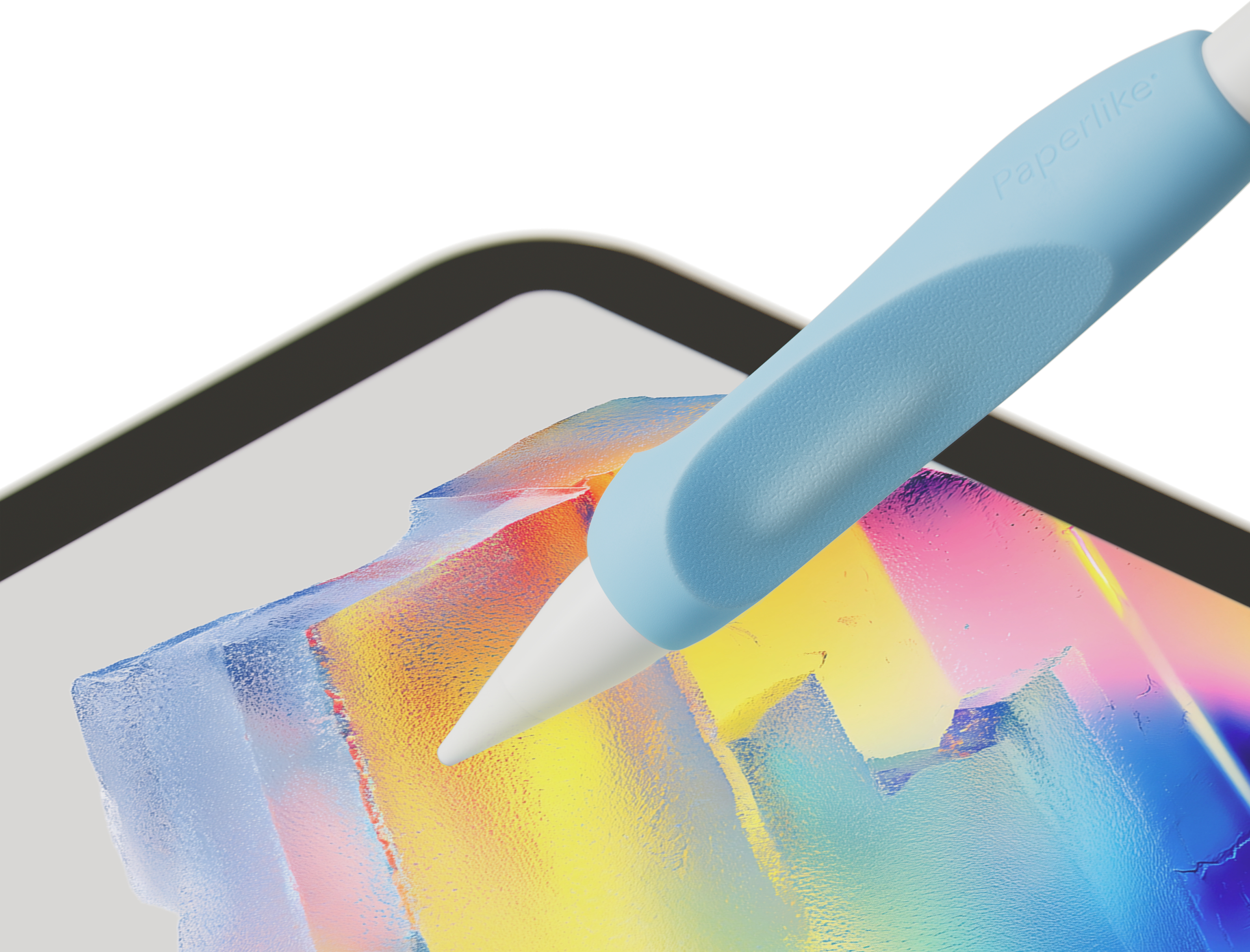Ein blauer Stift mit weißer Spitze berührt eine farbenfrohe, strukturierte Oberfläche auf einem hellgrauen Tablet.