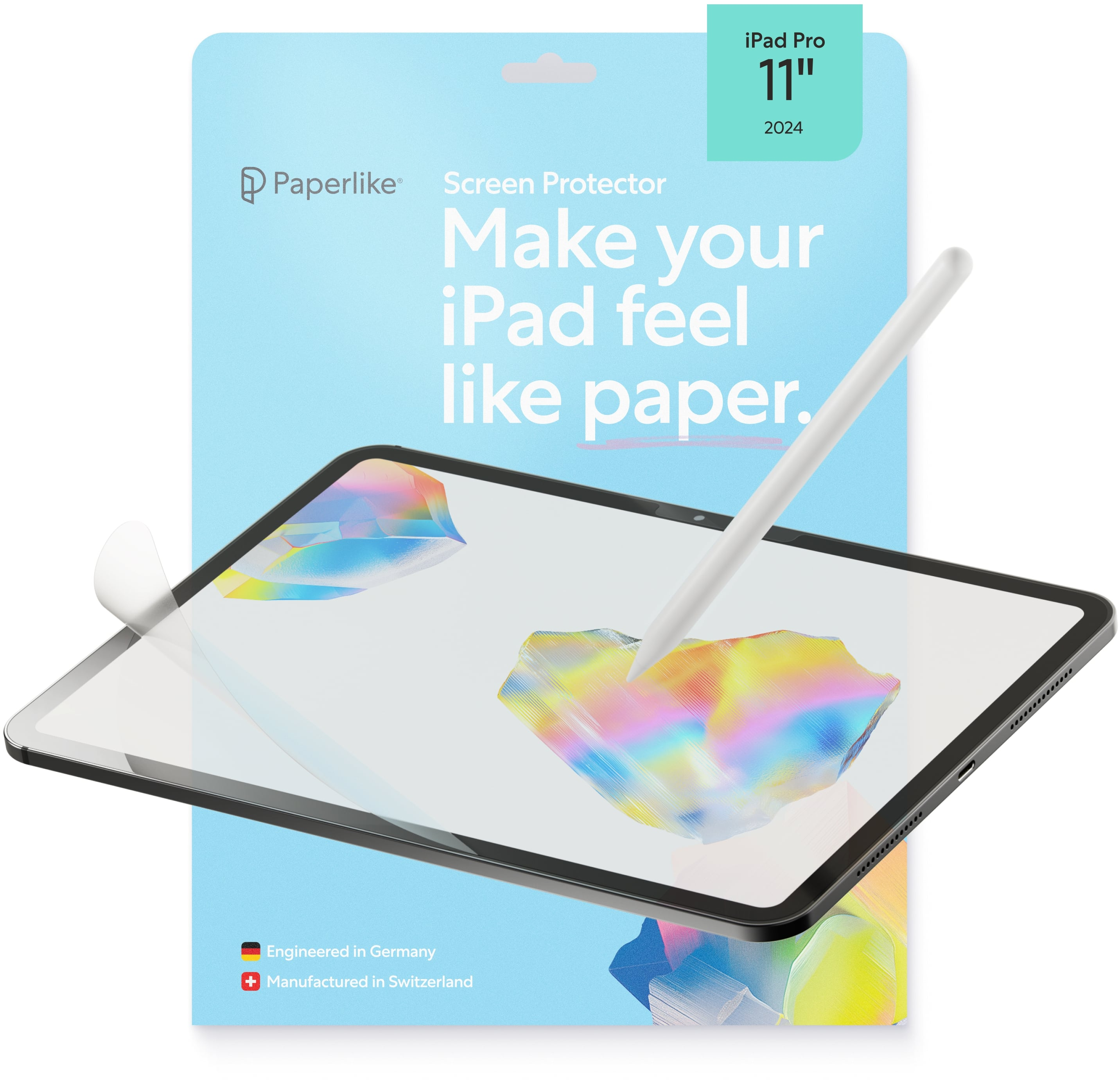 Ein iPad mit Displayschutz und Stift wird angezeigt. Der Displayschutz wird abgezogen. Die Verpackung ist sichtbar.