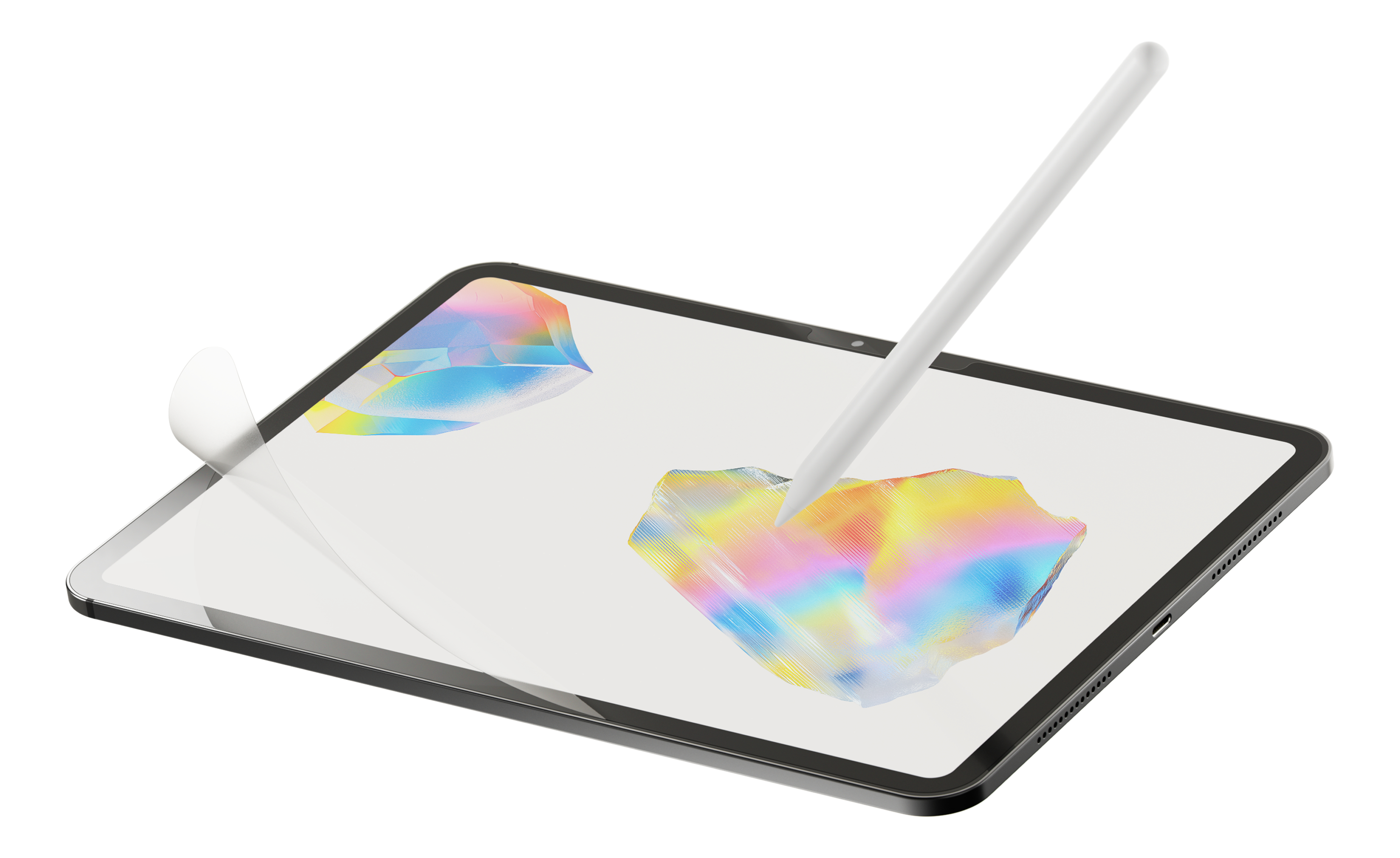 Tablet con stilo e forme colorate astratte sullo schermo, una pellicola protettiva viene rimossa.