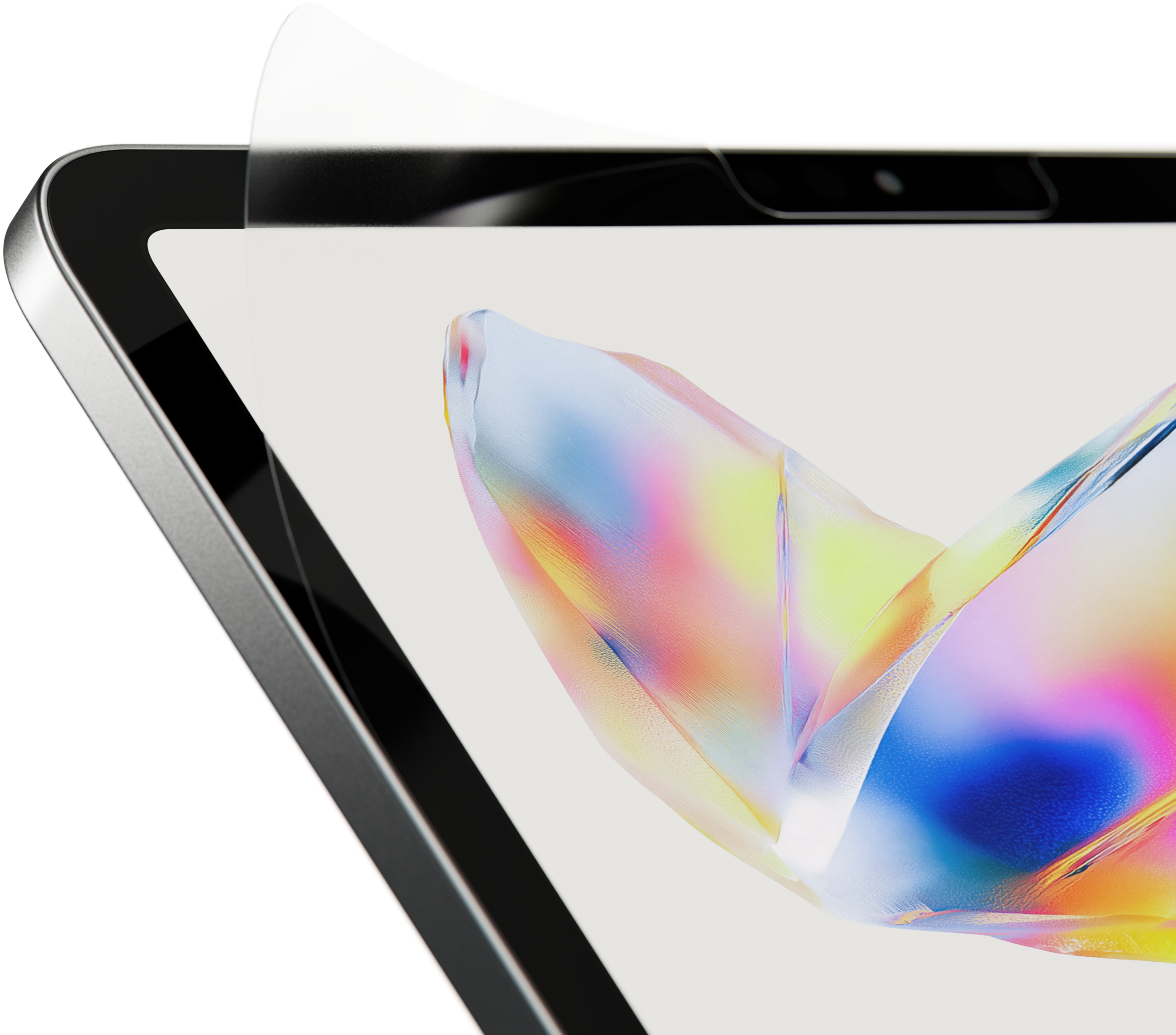 Applicazione di una protezione schermo su un tablet. Lo schermo è nero, con un design astratto e colorato.
