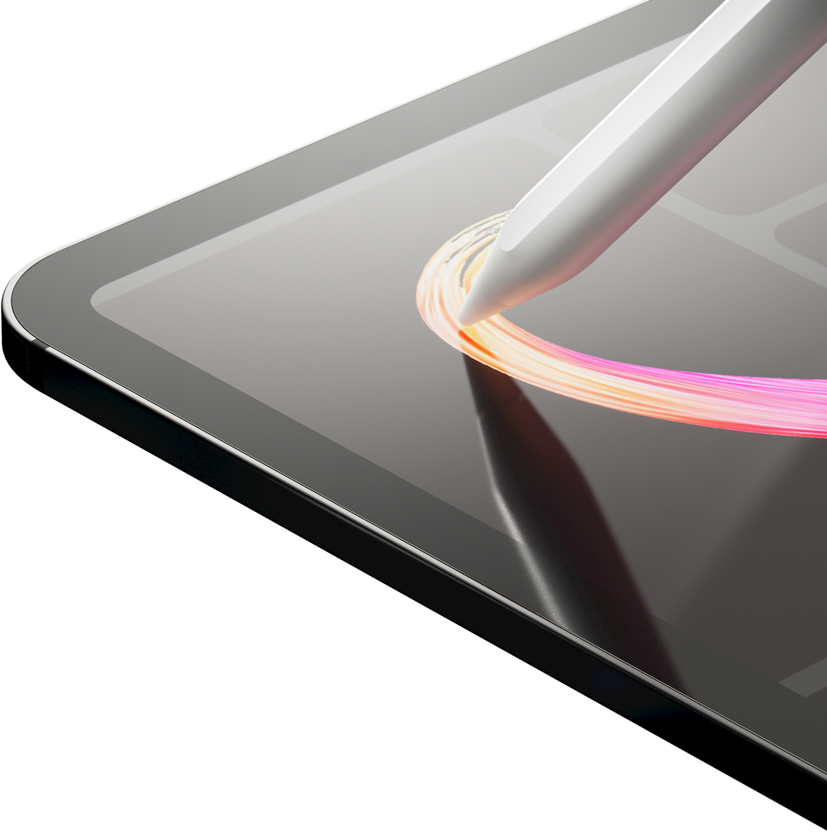 Tablet con stilo bianco che crea un tratto curvo e colorato. Lo sfondo è bianco.
