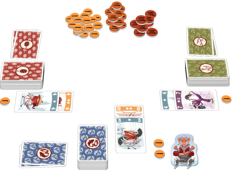 Brettspiel-Setup mit Karten, Spielsteinen und Charakter-Ausschnitten. Karten haben verschiedene Symbole und Farben. Spielsteine sind orange und braun.