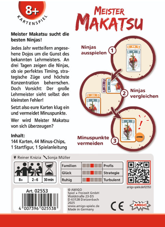 Spielbox mit roter Ninja-Grafik. Text auf Deutsch. Enthält Anweisungen und Spieldetails.