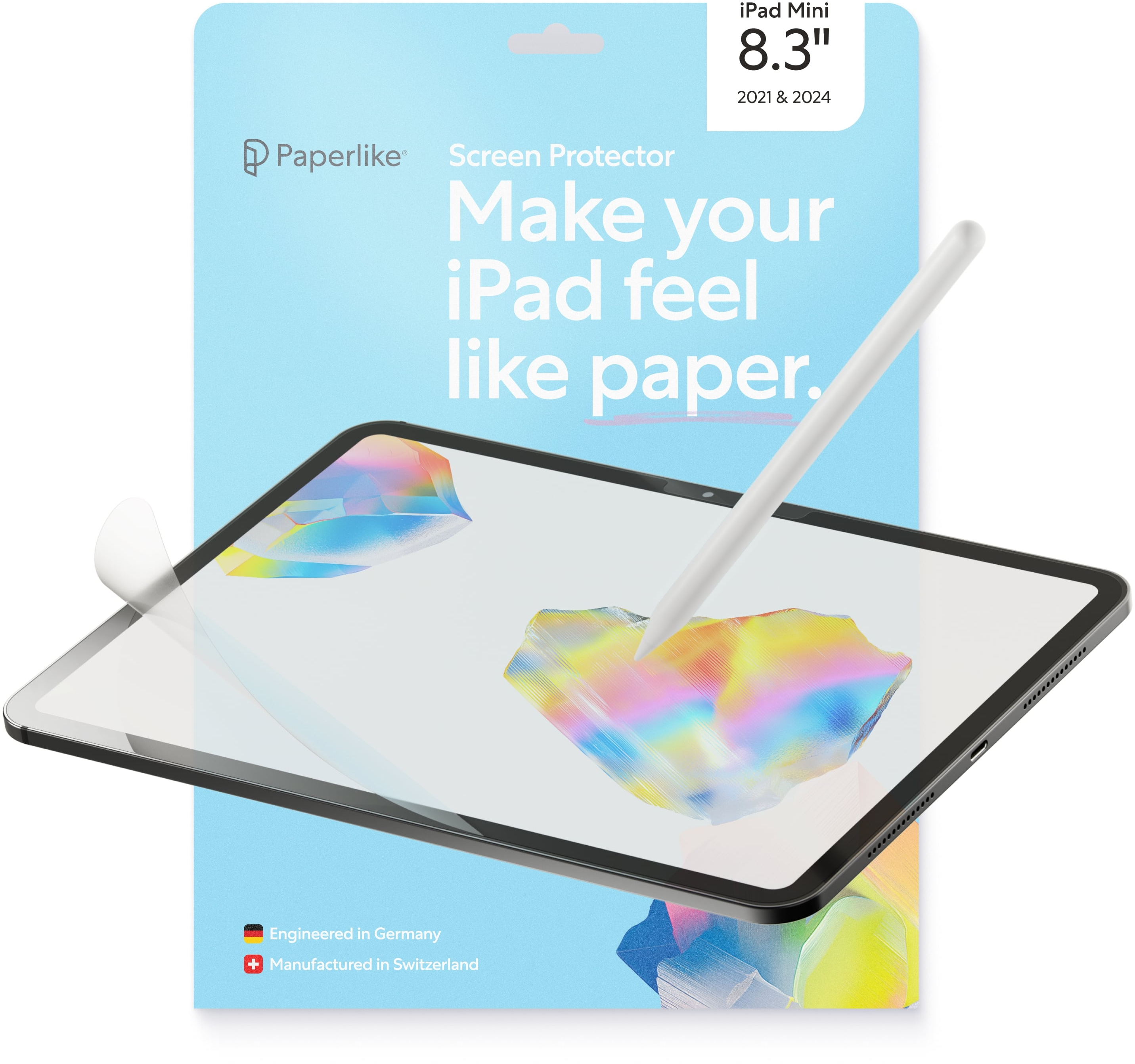 Ein iPad mit Displayschutzfolie und Stift. Der Hintergrund ist hellblau mit Text.