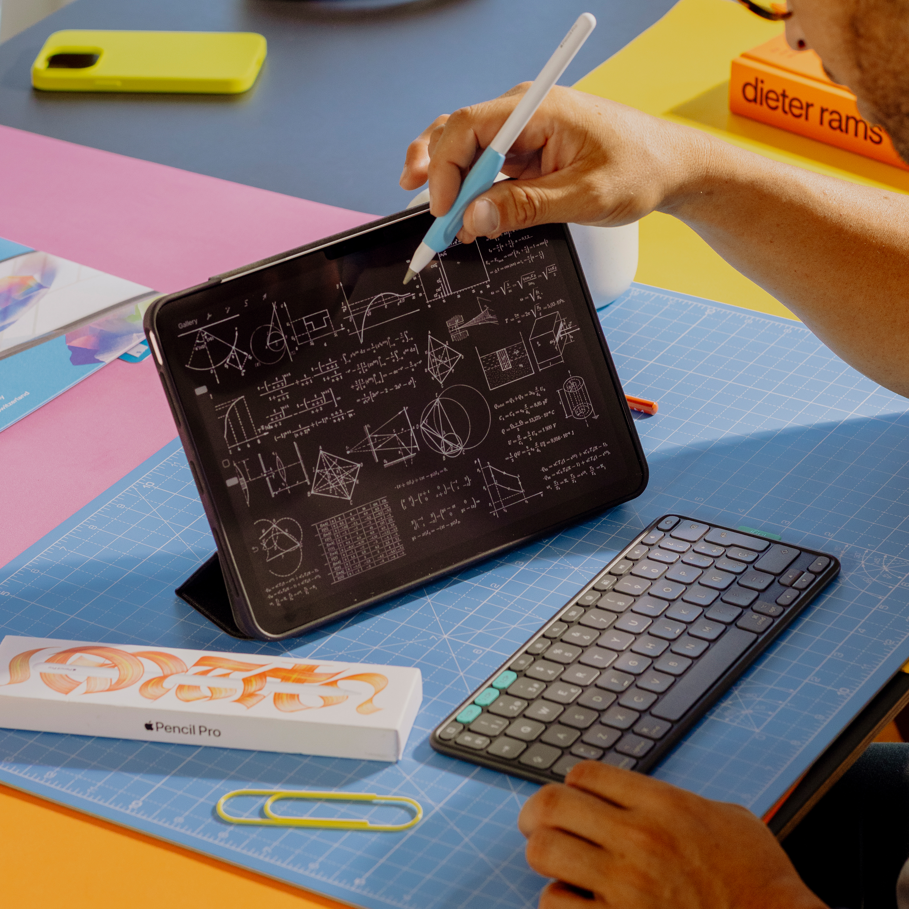 Eine Person verwendet einen Stift auf einem Tablet mit mathematischen Formeln. Tastatur, Stiftbox und gelbe Büroklammer liegen auf blauer Oberfläche.