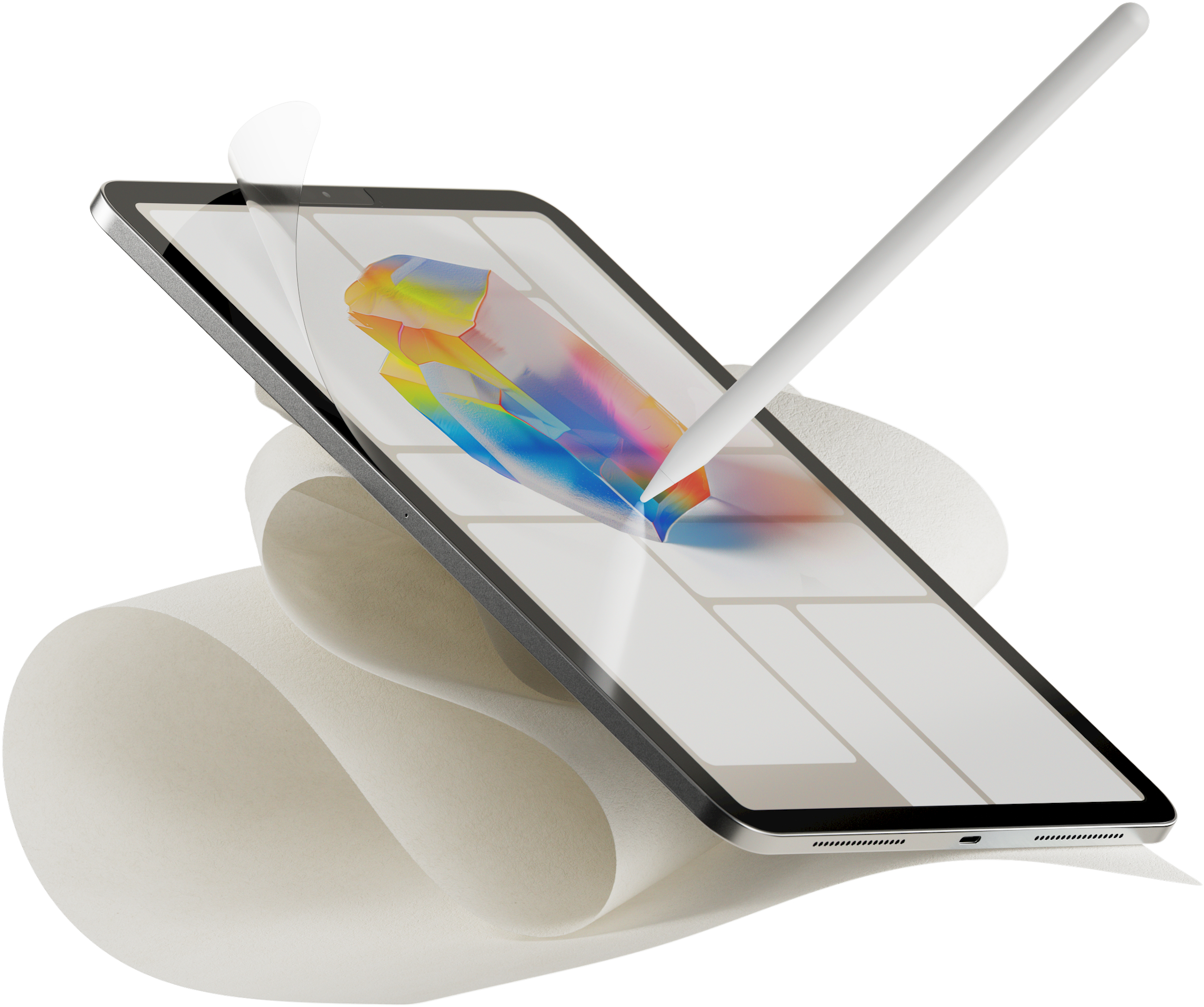 Tablet con stilo. Lo schermo mostra una forma colorata. Il tablet è su una carta arrotolata.