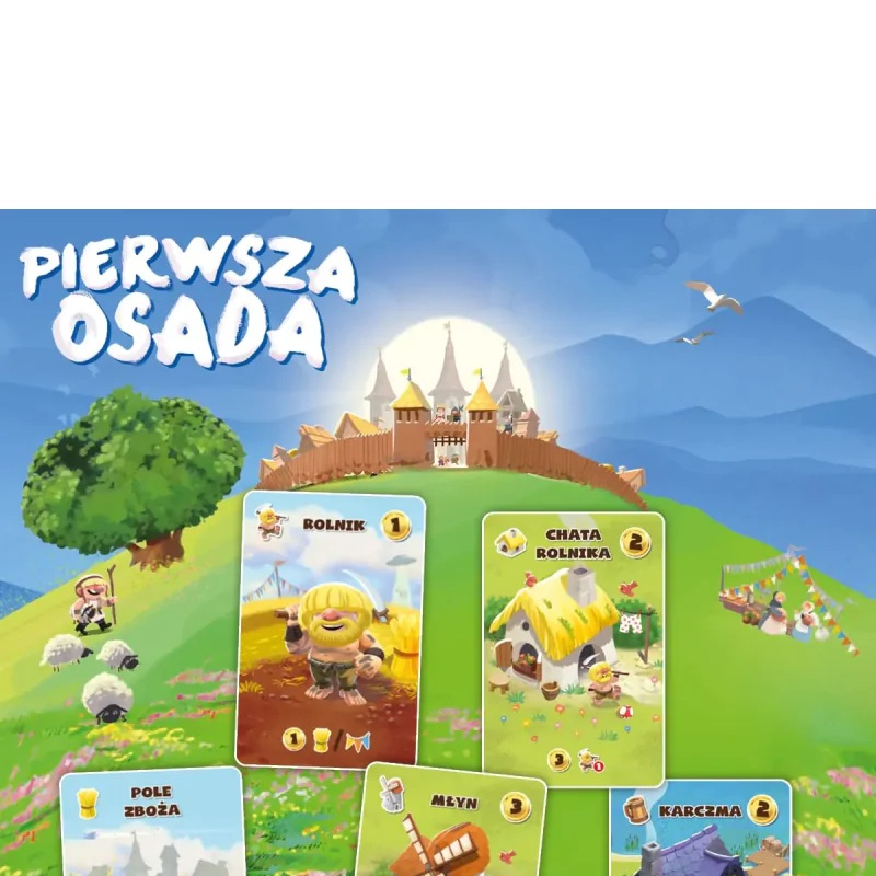Plansza do gry z kartami przedstawiającymi rolnika, dom i wiatrak. Tło przedstawia zamek i drzewo. Rolnik pasie owce.