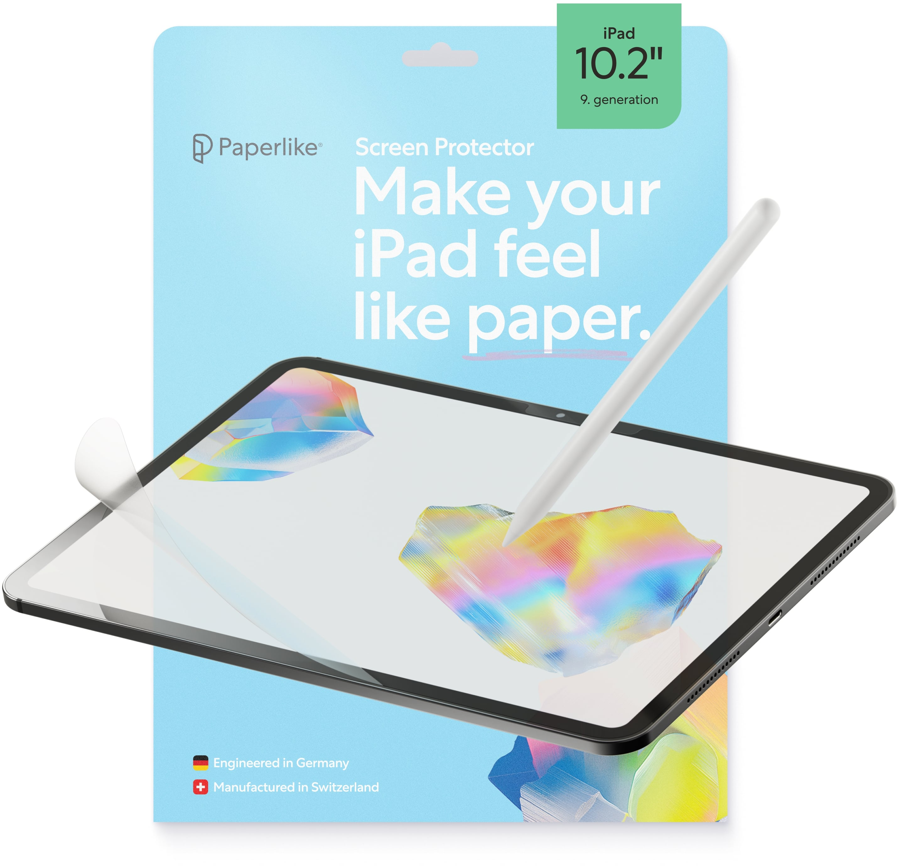 Ein iPad mit Displayschutz und Stift. Im Hintergrund befindet sich eine blaue Paperlike-Schutzbox.