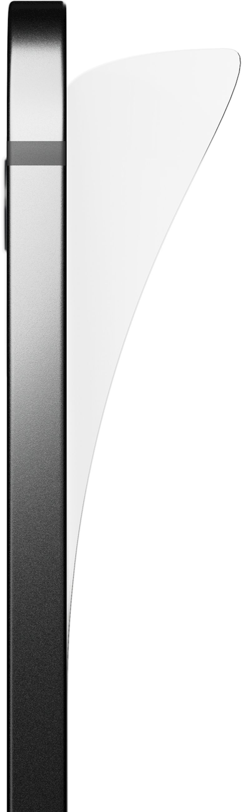Das Bild zeigt eine Seitenansicht des Telefons. Es ist ein metallisch graues Telefon mit einer weißen abgezogenen Displayschutzfolie.