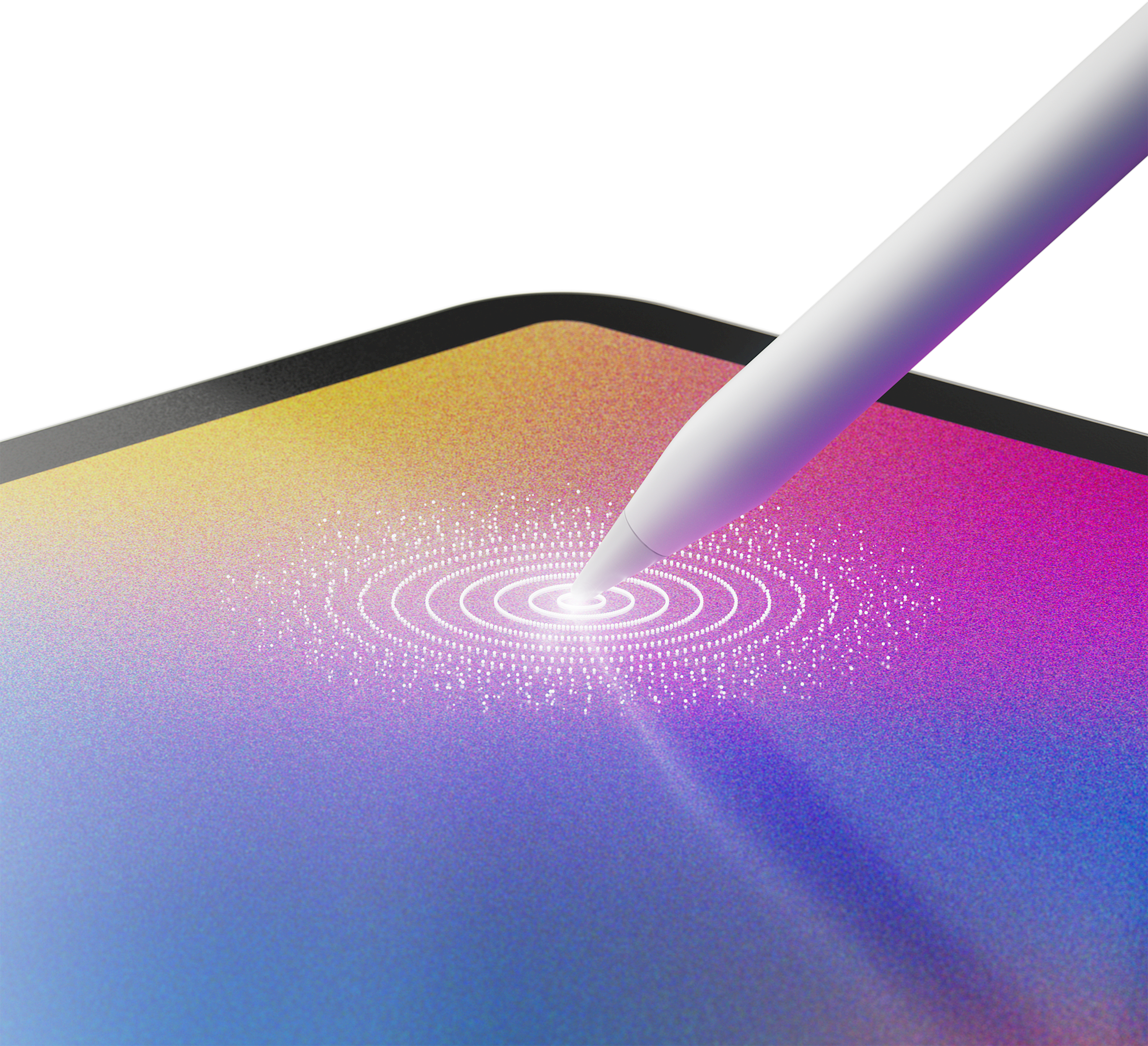 Ein weißer Stift berührt einen Tablet-Bildschirm und erzeugt konzentrische Kreise. Der Bildschirm ist farbenfroh, mit weißem Hintergrund.
