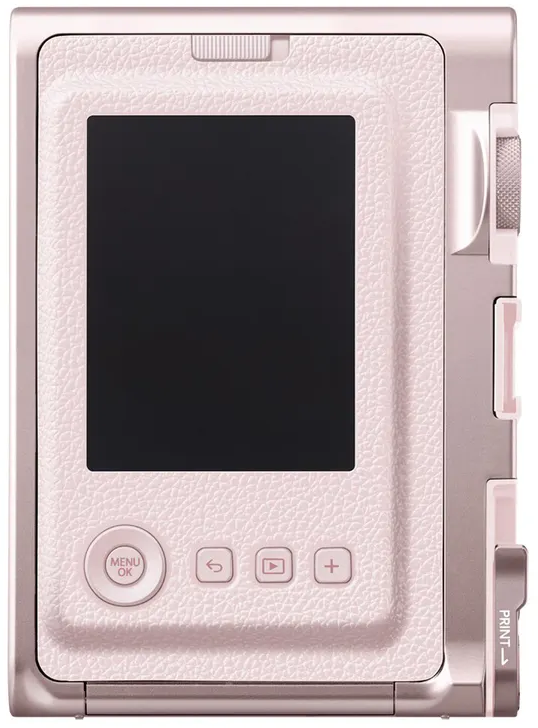 Un appareil photo instantané rose avec un écran et des boutons de commande. L'appareil photo a une finition similicuir texturée.
