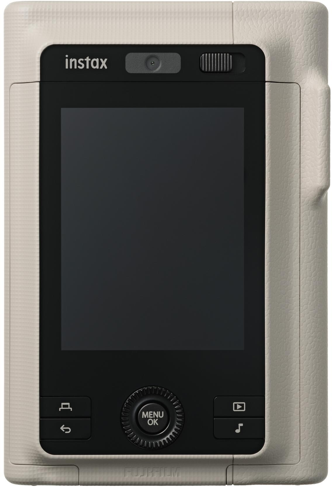 Cremefarbene Instax-Kamera mit schwarzem Bildschirm und Tasten. Objektiv und Blitz oben. FujiFilm unten.