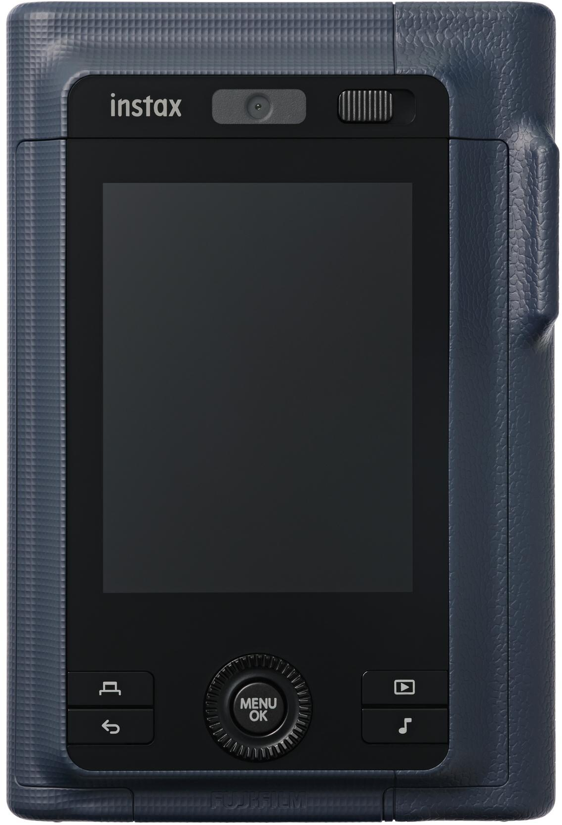 Una fotocamera istantanea Instax blu. Ha uno schermo, pulsanti e un obiettivo. Il marchio 'instax' è visibile.