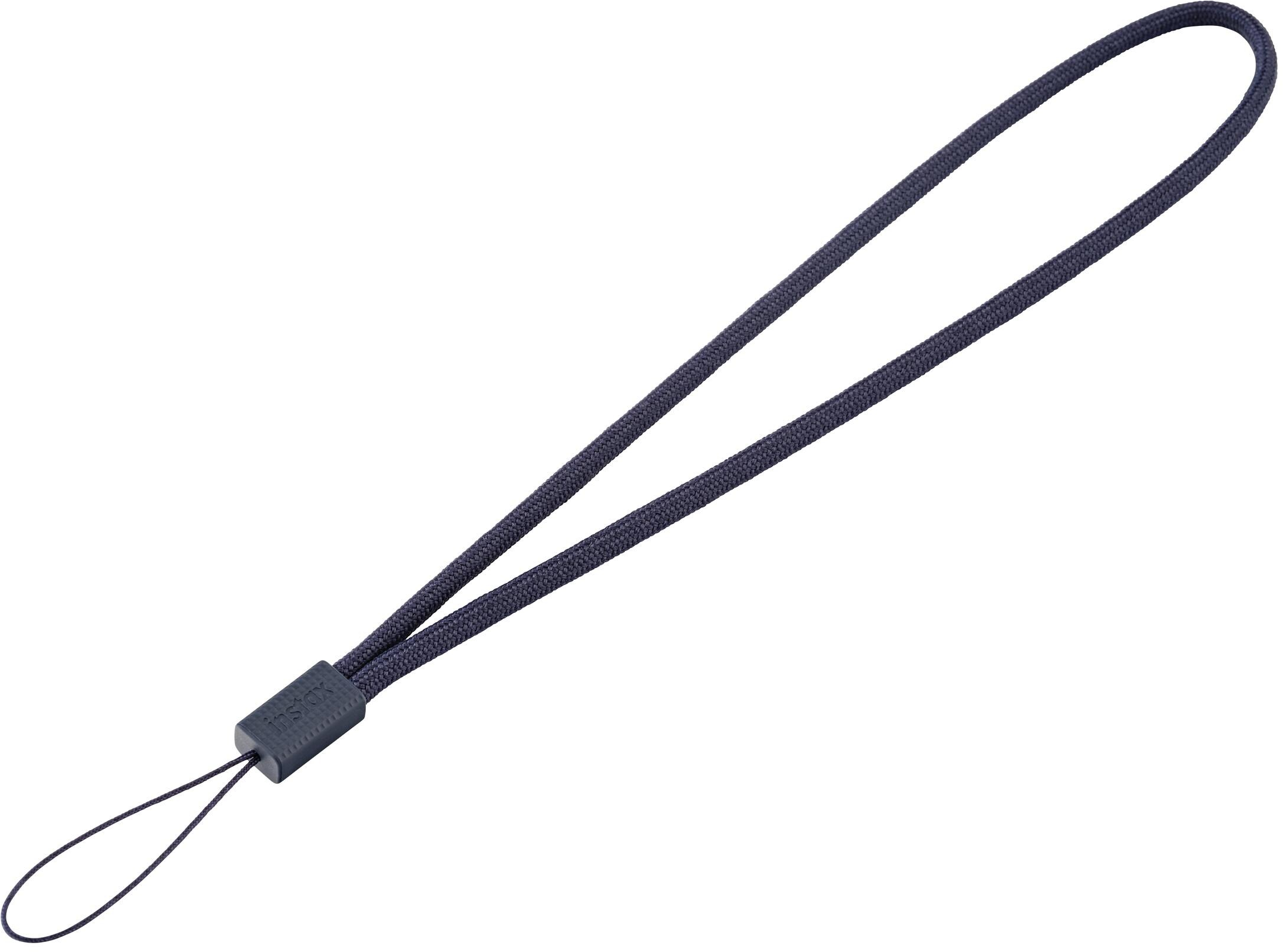 Un cinturino da polso per fotocamera blu navy è mostrato su sfondo bianco. Ha un anello e un connettore con il nome del marchio.