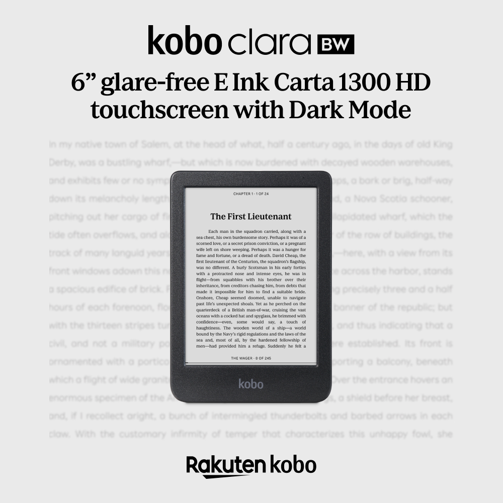 Egy Kobo Clara BW e-olvasó szöveget jelenít meg. A képernyő egy könyvoldalt mutat. A Kobo márka alul található.