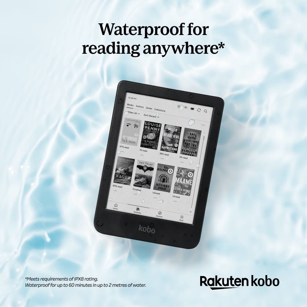 Egy fekete Kobo e-olvasó könyvborítókat jelenít meg víz alatt. A szöveg: Vízálló, bárhol olvashat. Rakuten Kobo logó.