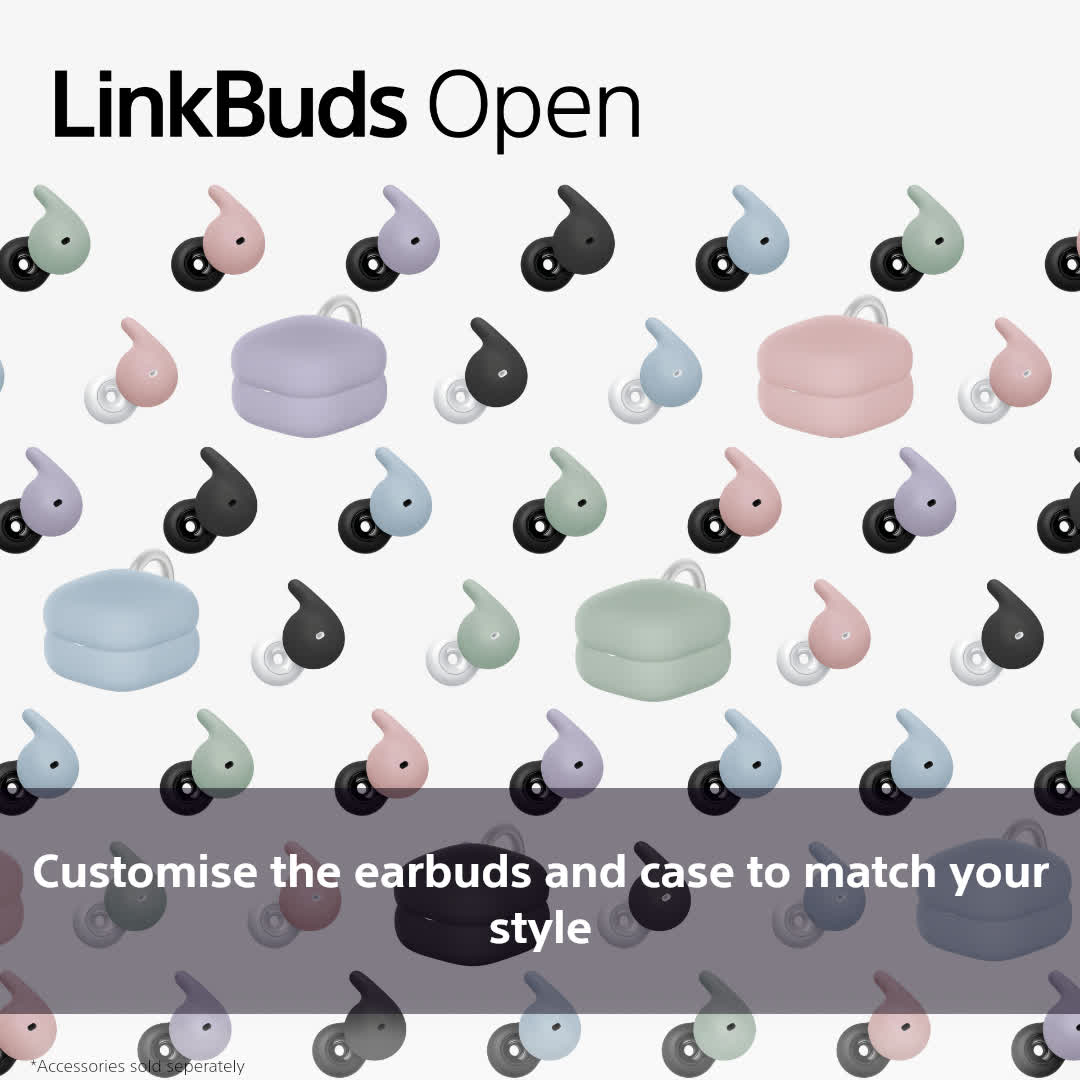 L'image montre des écouteurs et des étuis de différentes couleurs. Le texte indique 'LinkBuds Open' et 'Personnalisez les écouteurs et l'étui pour correspondre à votre style'.