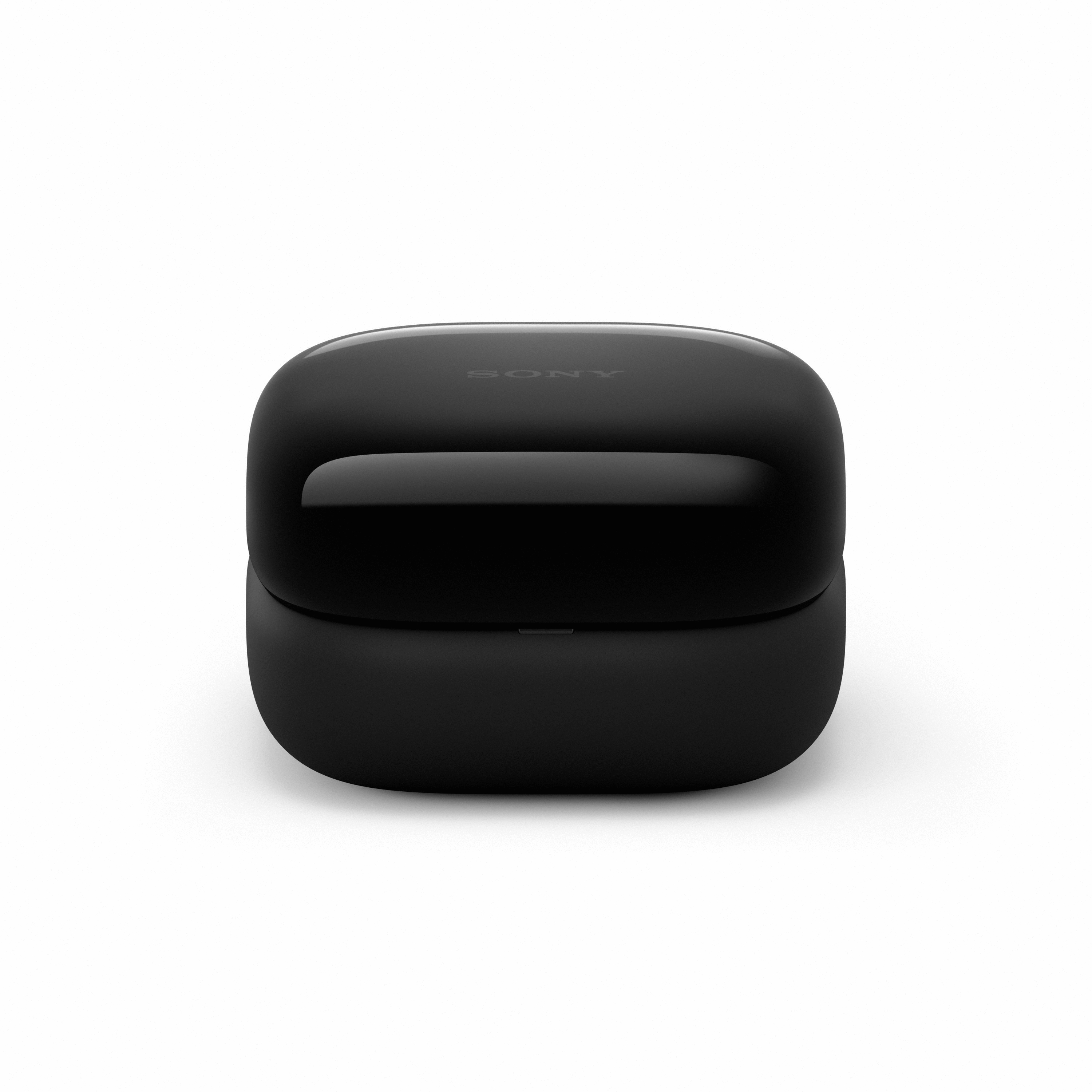 Étui de chargement noir et brillant pour écouteurs Sony, fermé, sur fond blanc. 'SONY' est imprimé dessus.